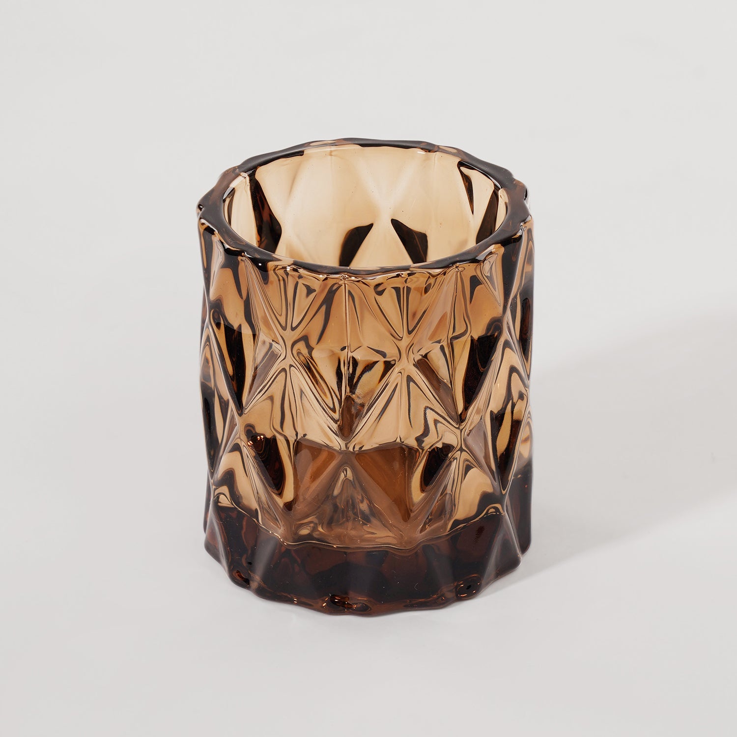 Set of 2 Dark Amber Diamond Cut Glass Tealight Holder