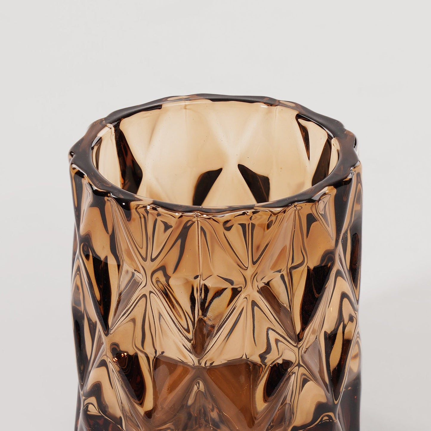 Set of 2 Dark Amber Diamond Cut Glass Tealight Holder