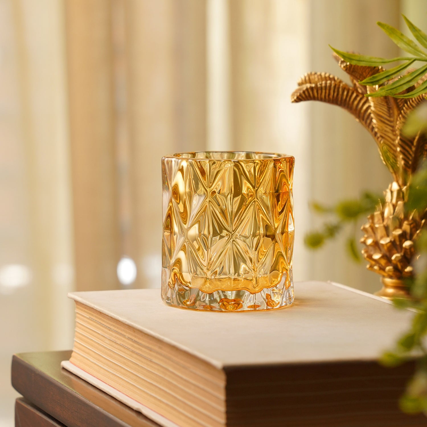 Set of 2 Amber Diamond Cut Glass Glass Tealight Holder