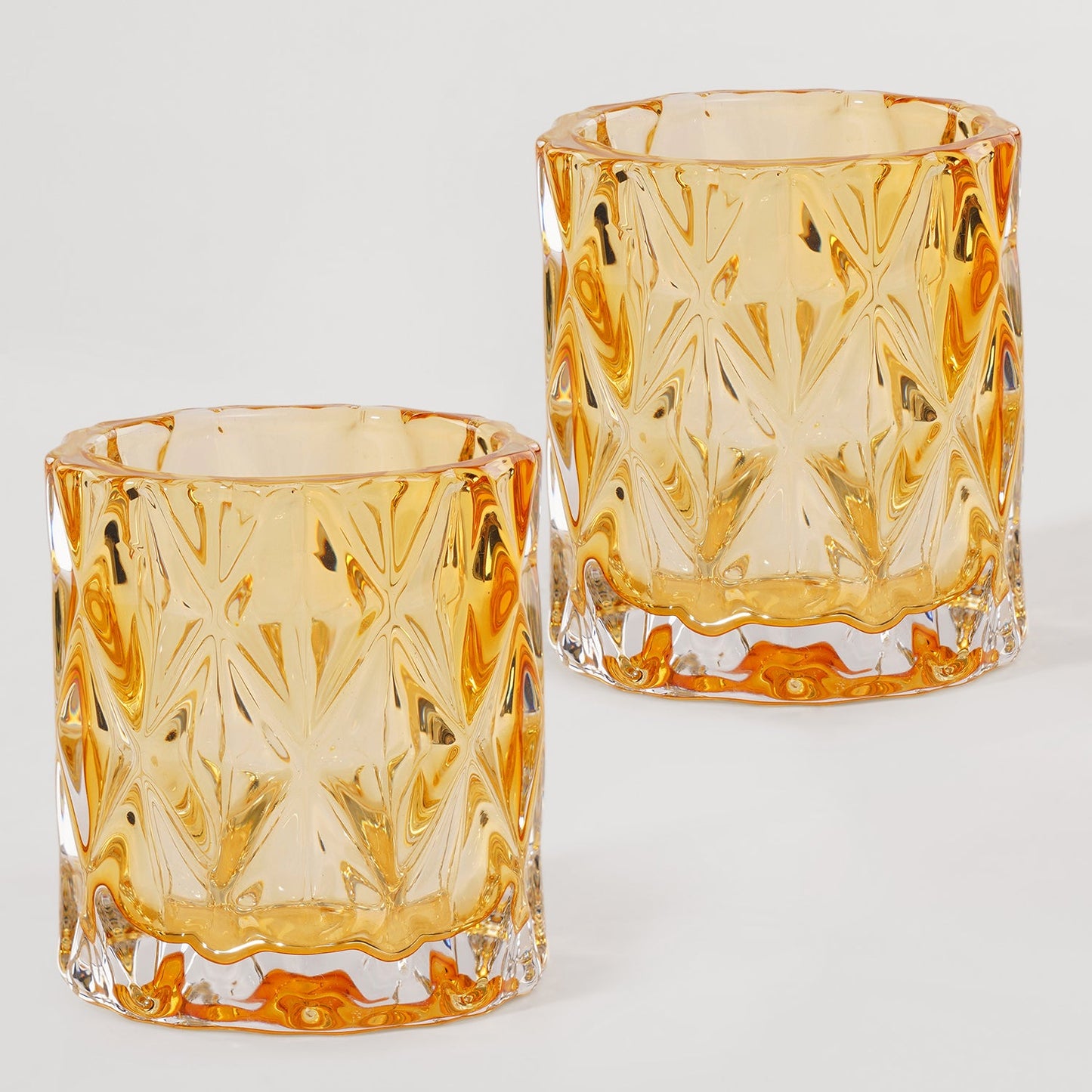 Set of 2 Amber Diamond Cut Glass Glass Tealight Holder
