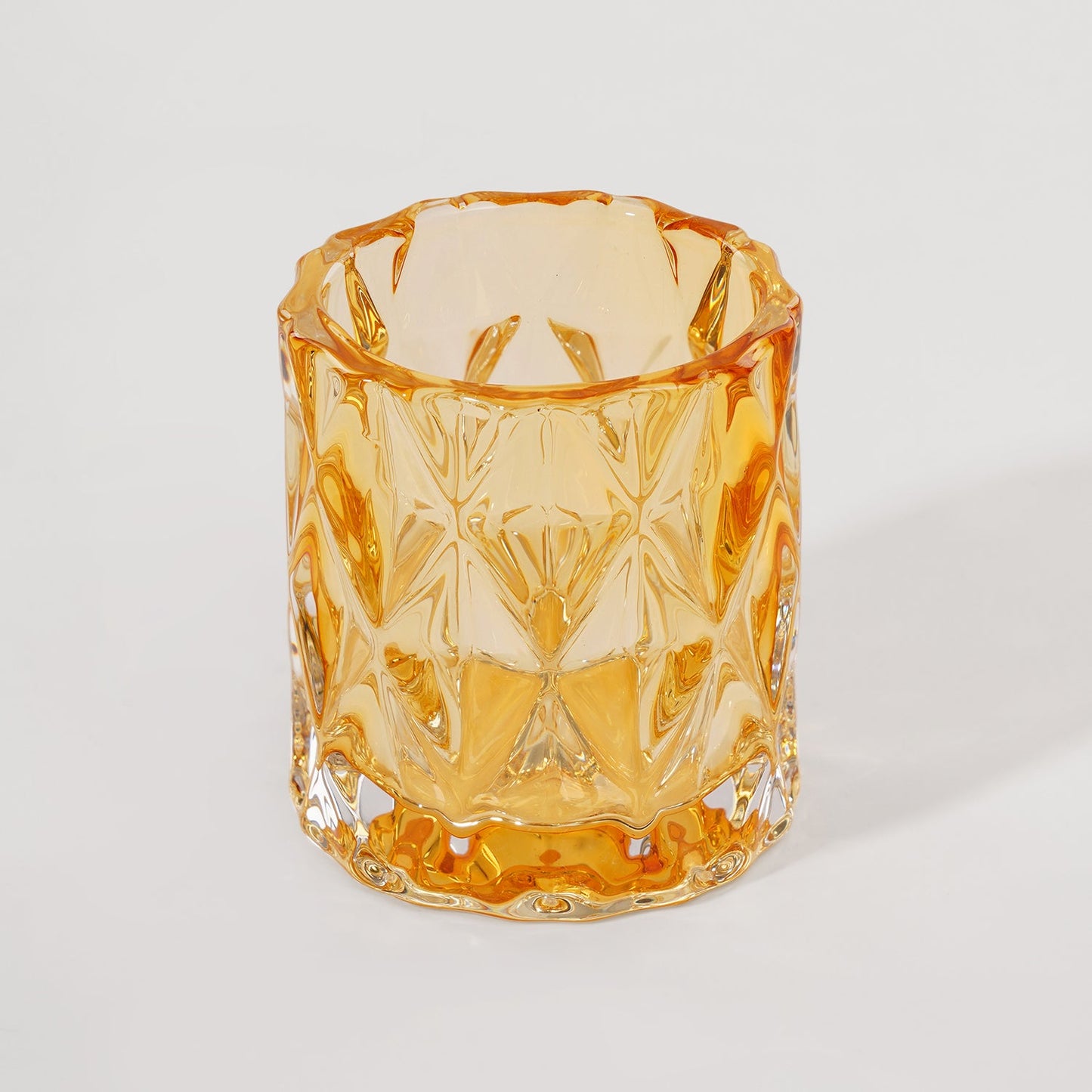 Set of 2 Amber Diamond Cut Glass Glass Tealight Holder