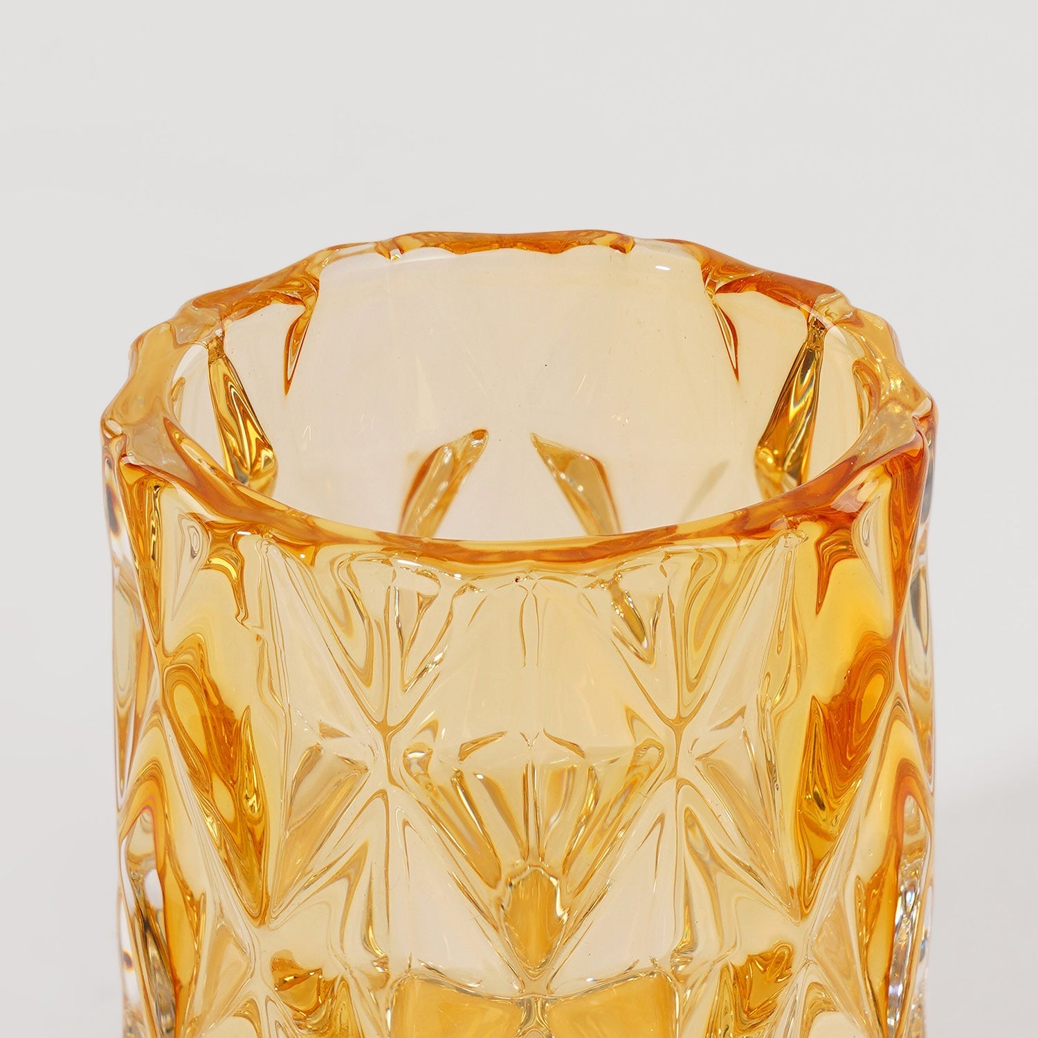 Set of 2 Amber Diamond Cut Glass Glass Tealight Holder