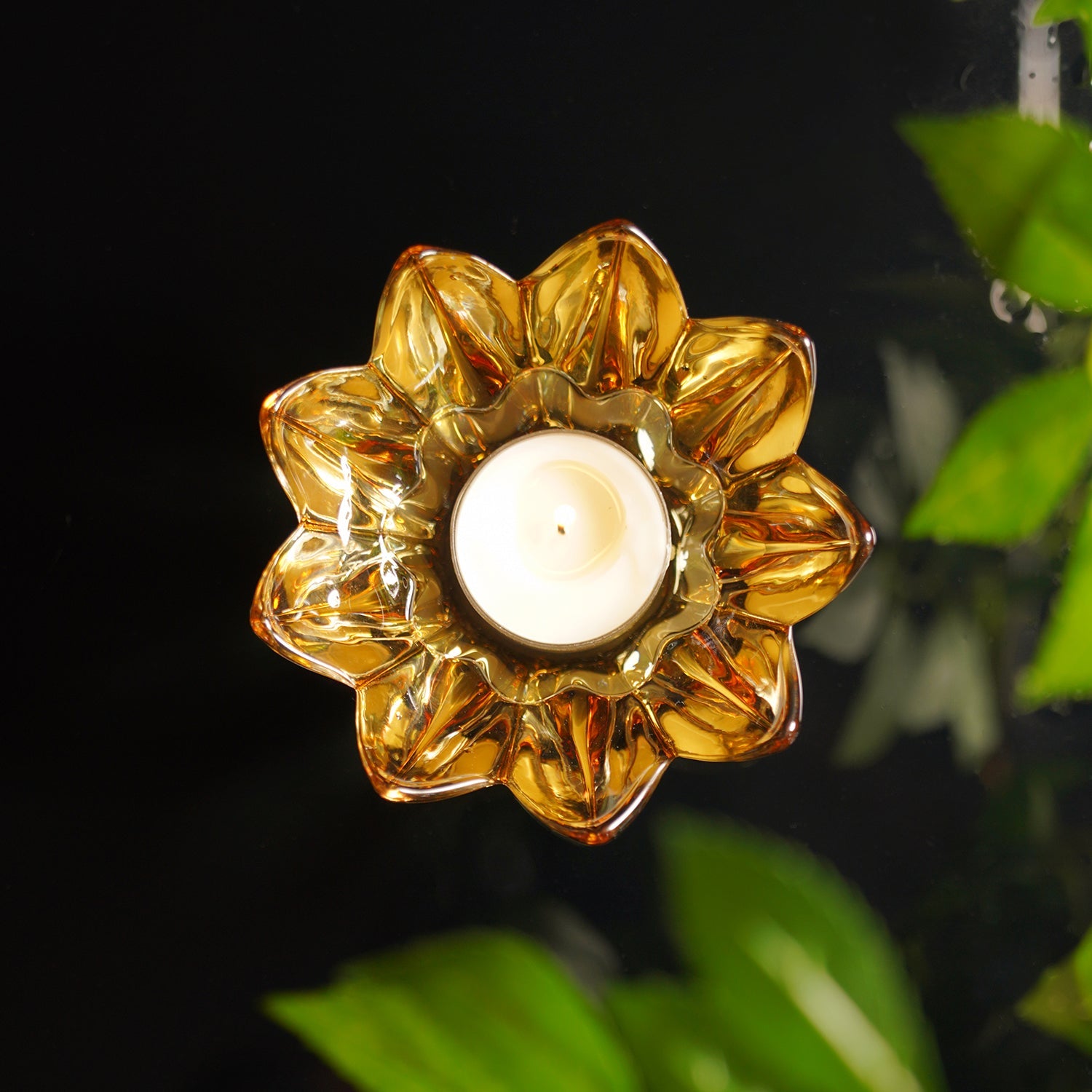 Set of 2 Amber Floral Shaped Tealight Holder
