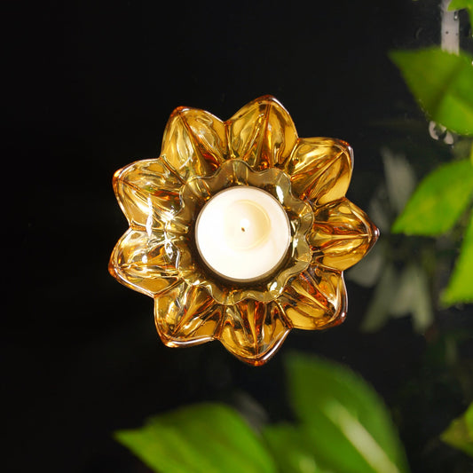 Set of 2 Amber Floral Shaped Tealight Holder