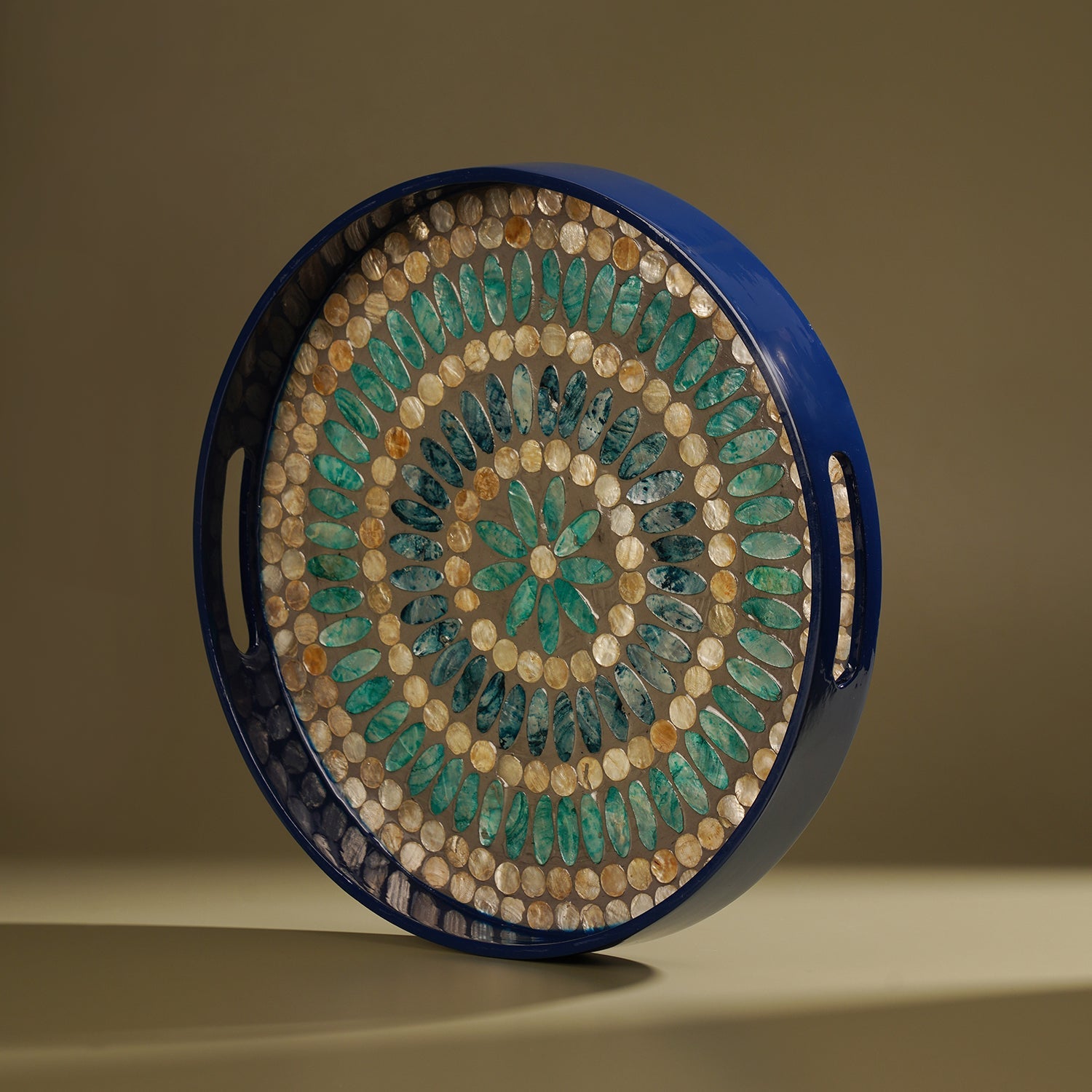 Blue Embellished Lacquer Round Serving Tray