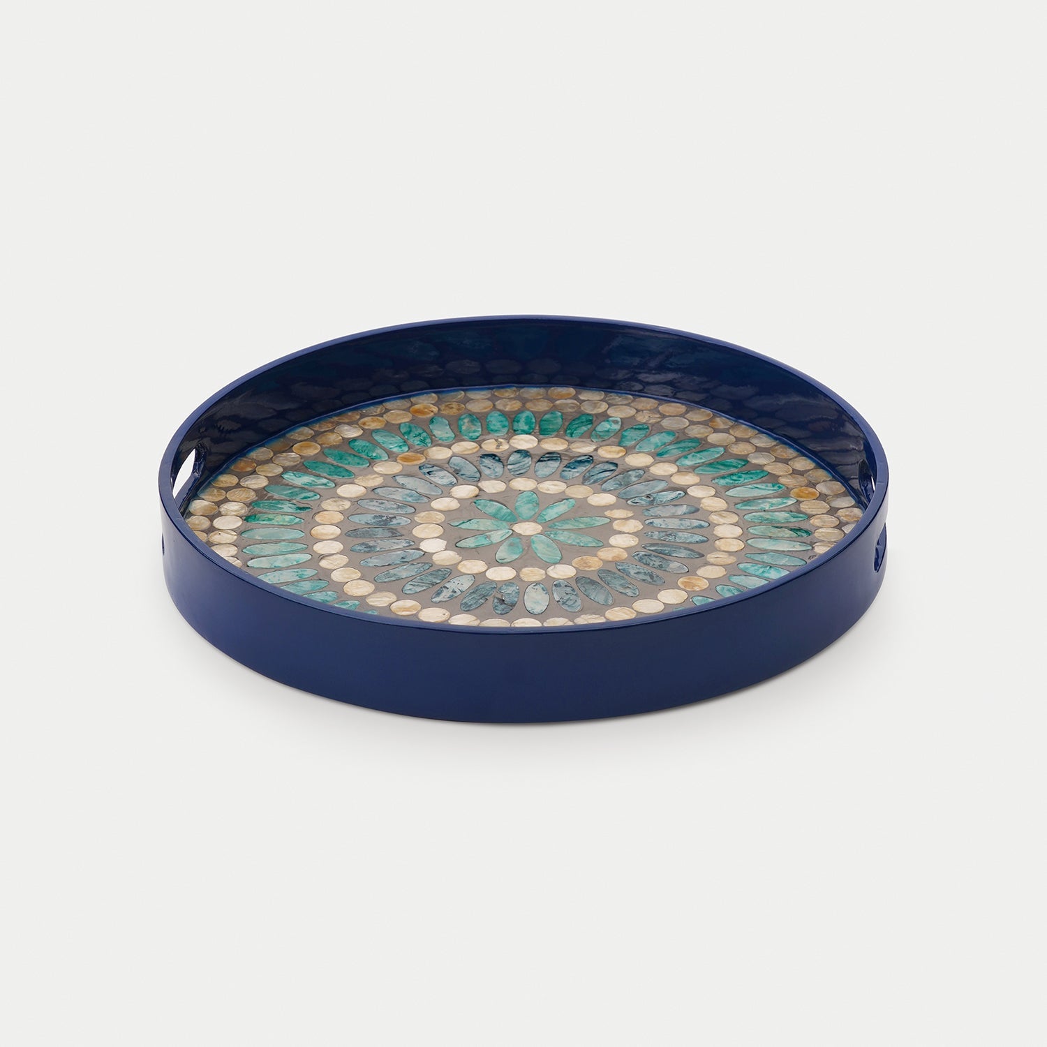 Blue Embellished Lacquer Round Serving Tray