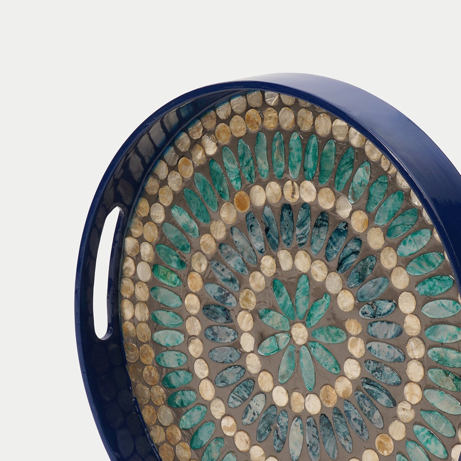 Blue Embellished Lacquer Round Serving Tray