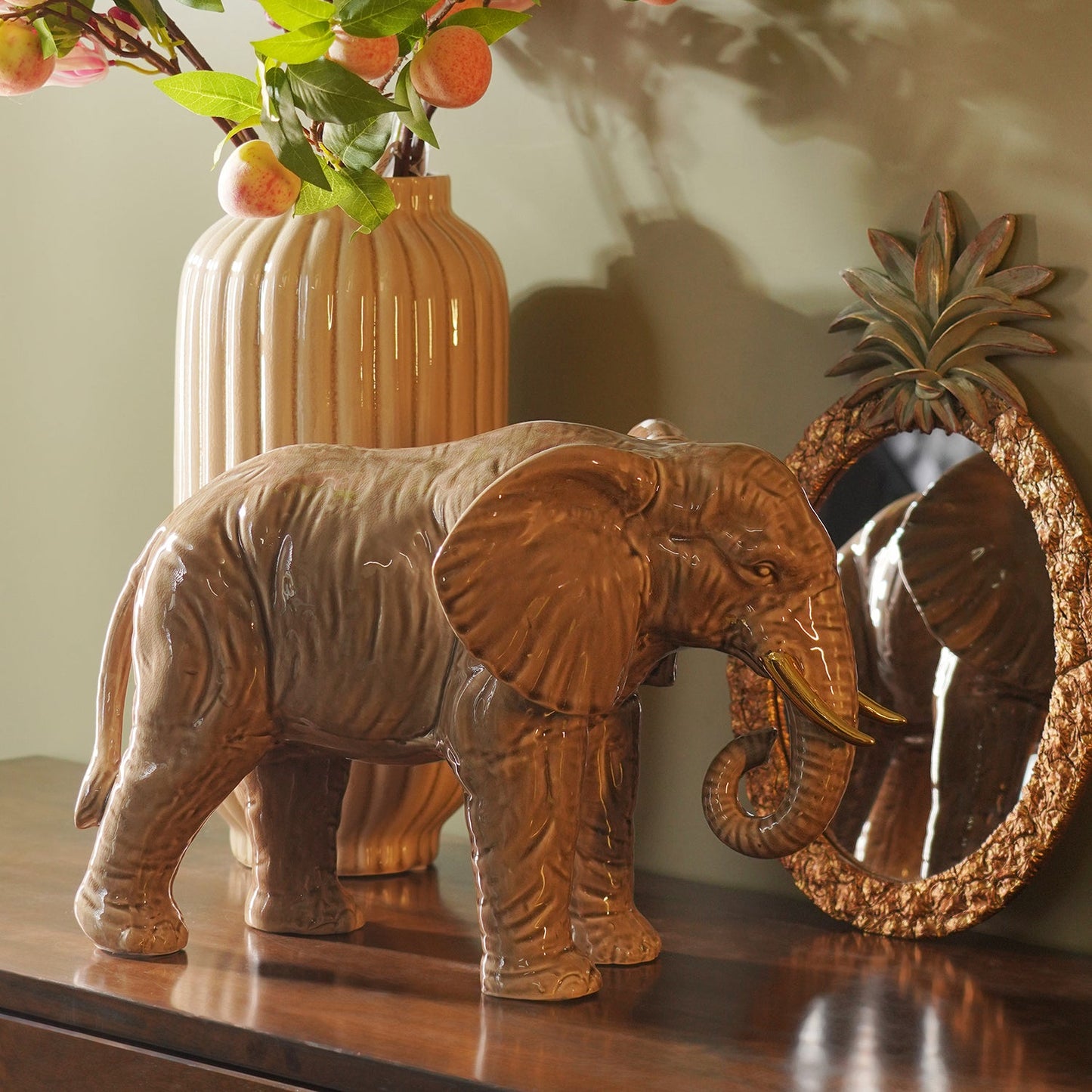 Beige Polyresin Walking Elephant with Gold Tusks - Large