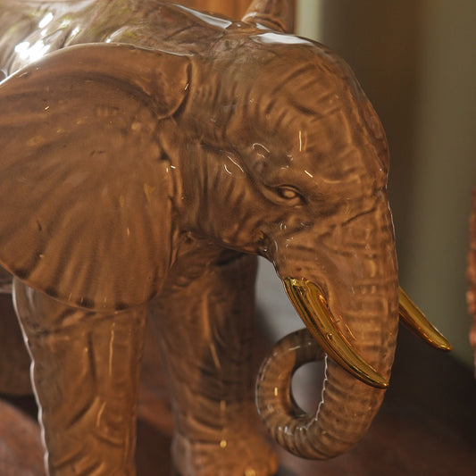 Beige Polyresin Walking Elephant with Gold Tusks - Large