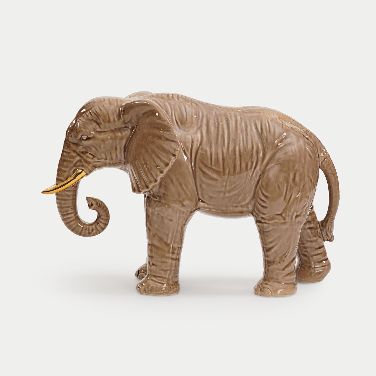 Beige Polyresin Walking Elephant with Gold Tusks - Large