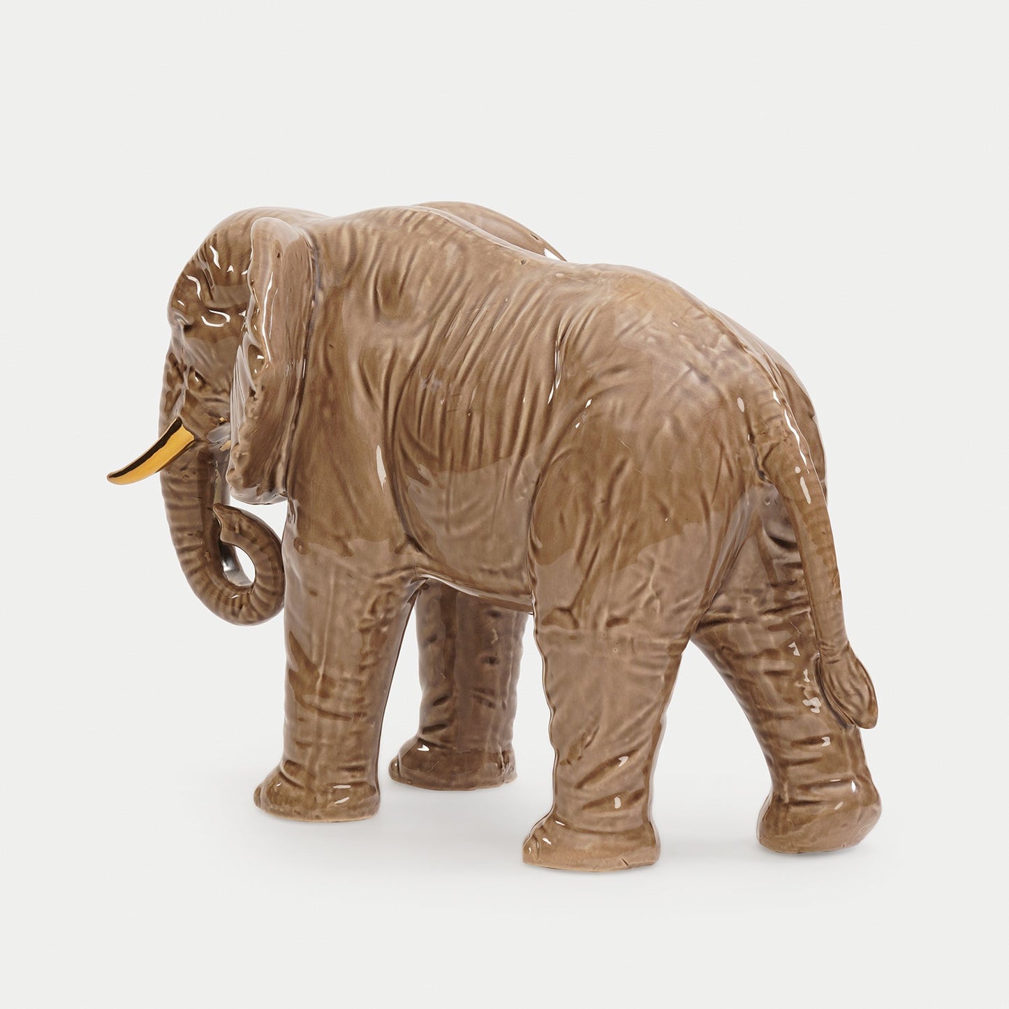 Beige Polyresin Walking Elephant with Gold Tusks - Large