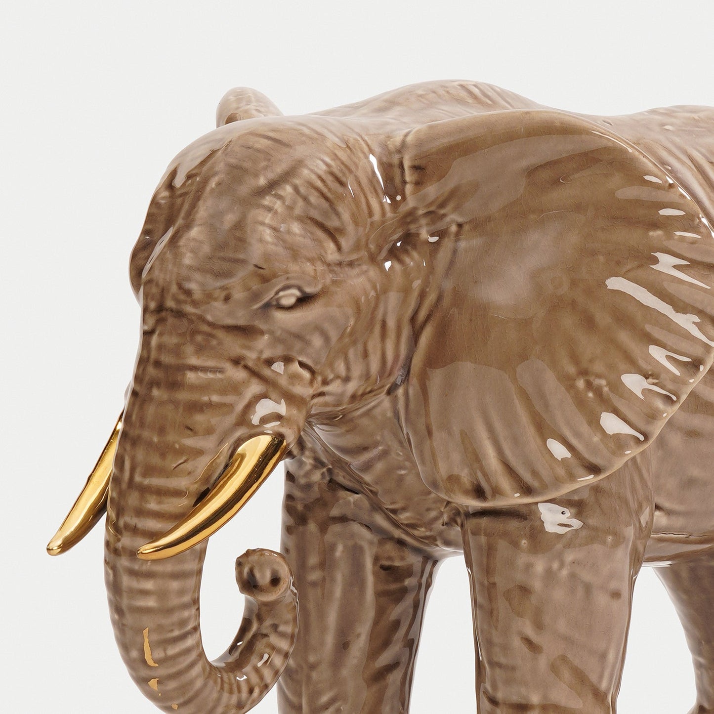 Beige Polyresin Walking Elephant with Gold Tusks - Large