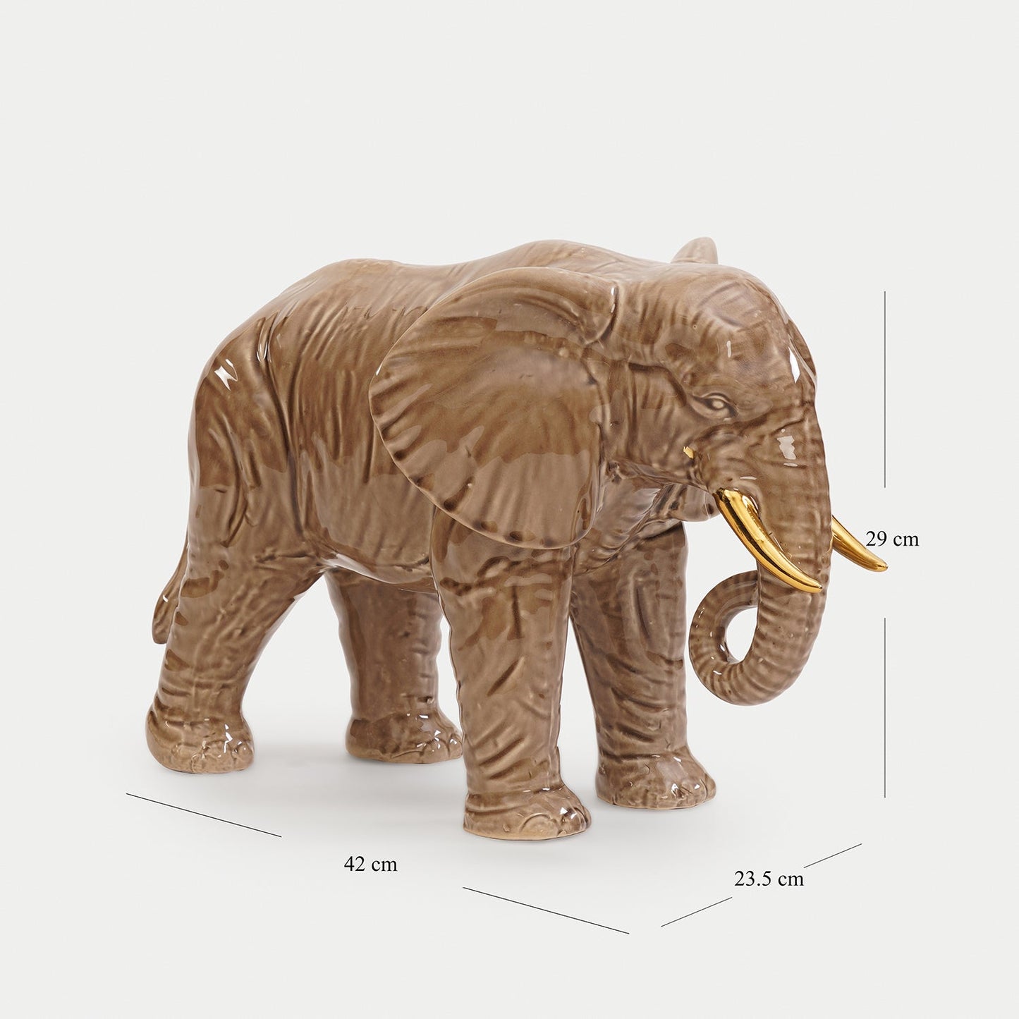 Beige Polyresin Walking Elephant with Gold Tusks - Large