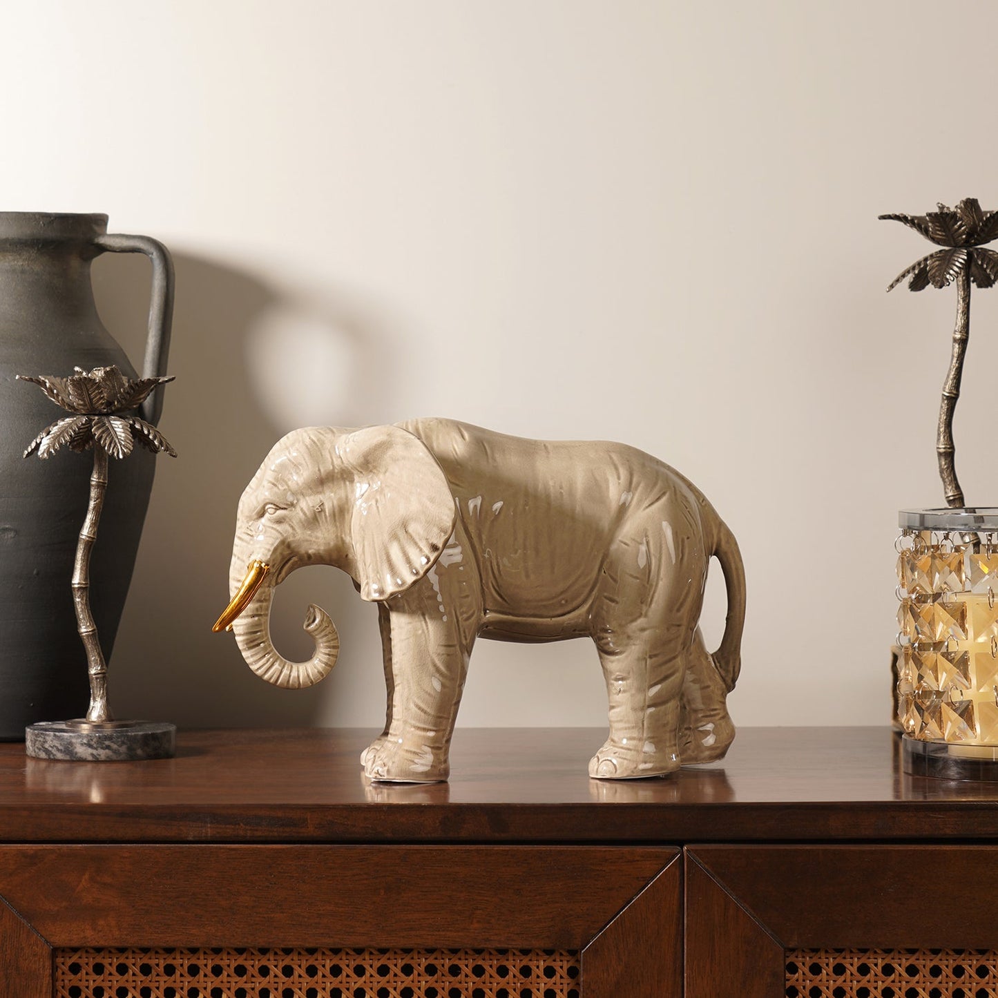 Beige Polyresin Walking Elephant with Gold Tusks - Small