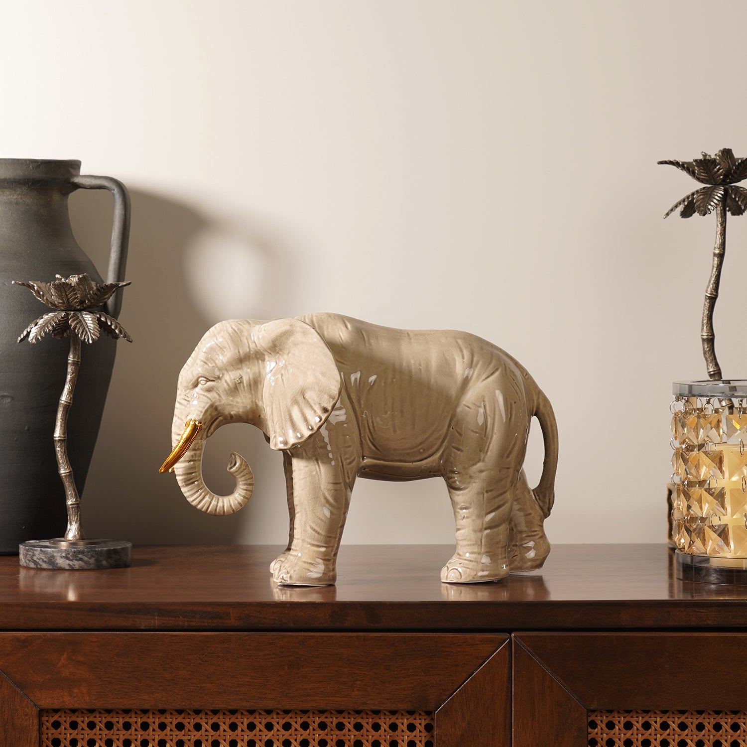 Beige Polyresin Walking Elephant with Gold Tusks - Small