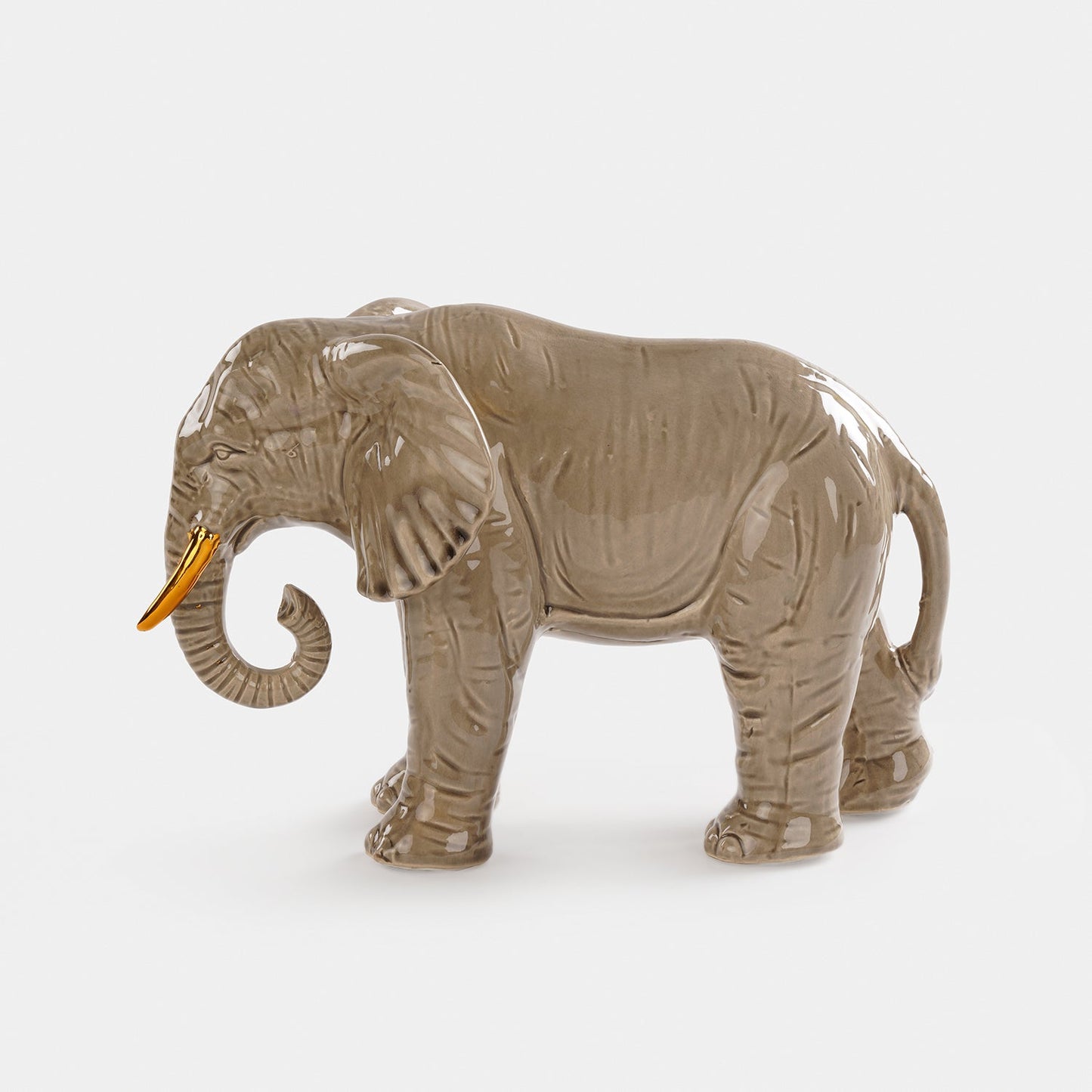 Beige Polyresin Walking Elephant with Gold Tusks - Small