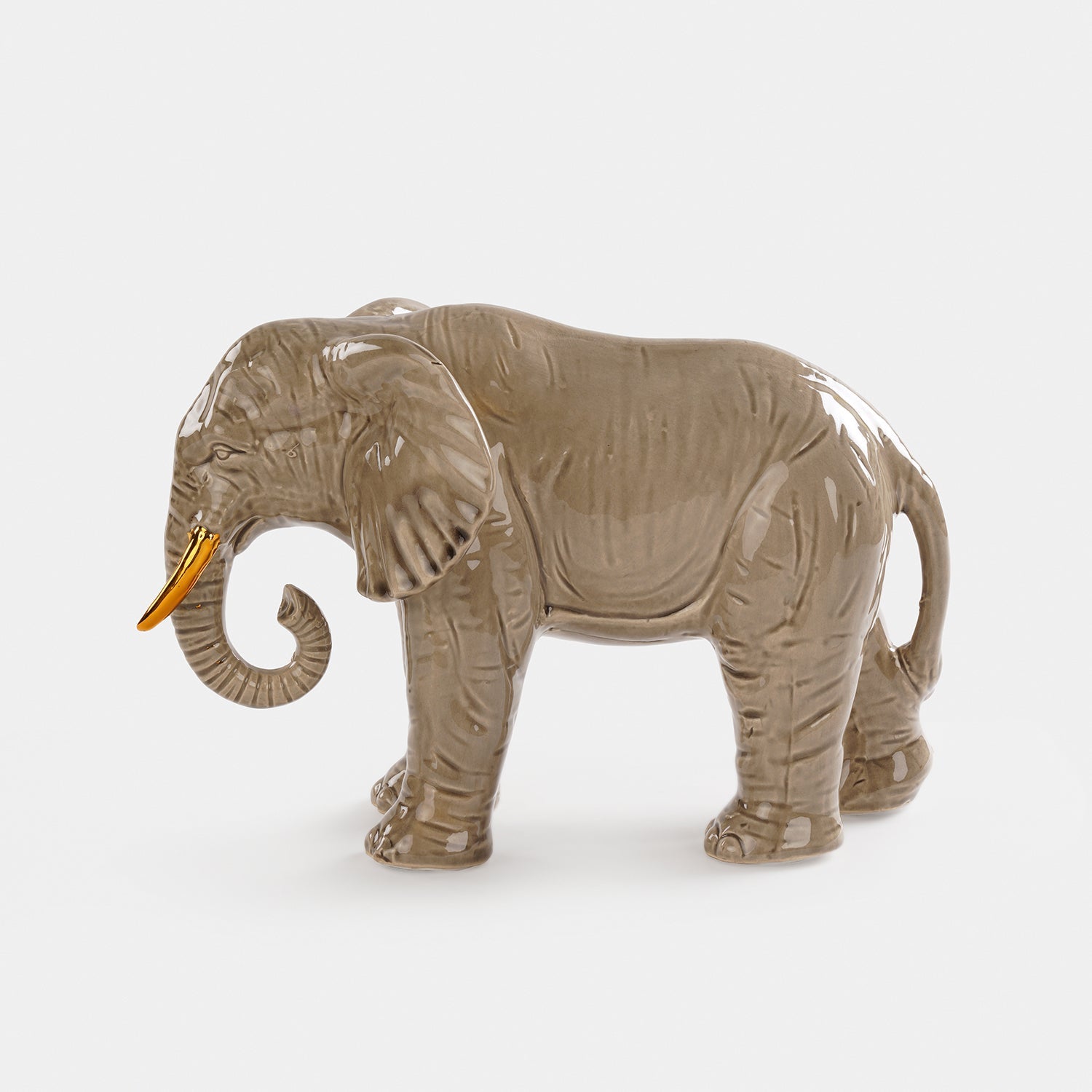 Beige Polyresin Walking Elephant with Gold Tusks - Small