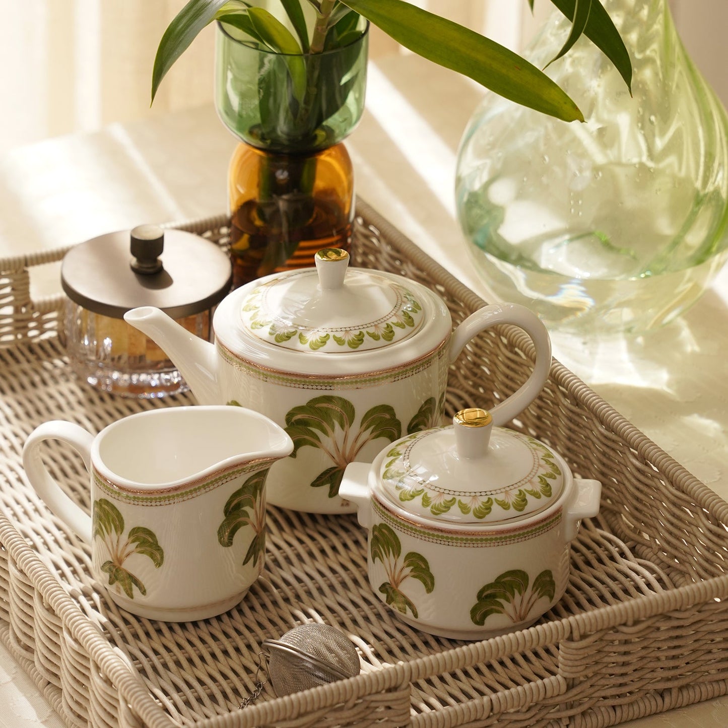 Set of 3 Ivory Printed Soleno Bone China Tea Set
