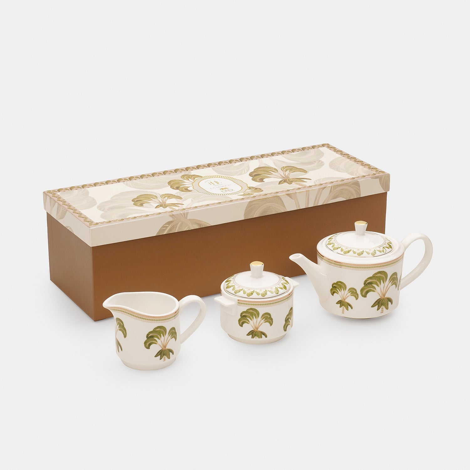 Set of 3 Ivory Printed Soleno Bone China Tea Set