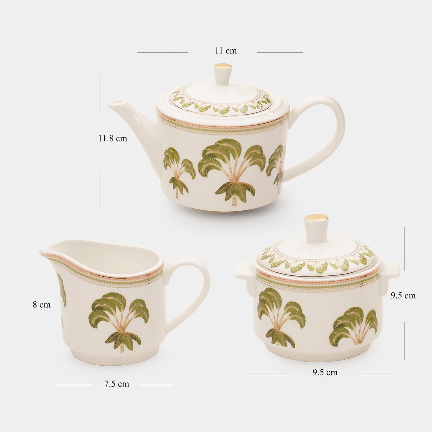 Set of 3 Ivory Printed Soleno Bone China Tea Set