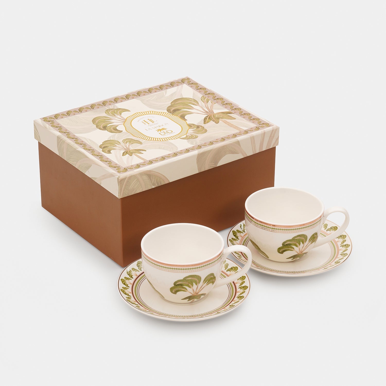 Set of 2 Ivory Printed Soleno Bone China Tea Cup and Saucer