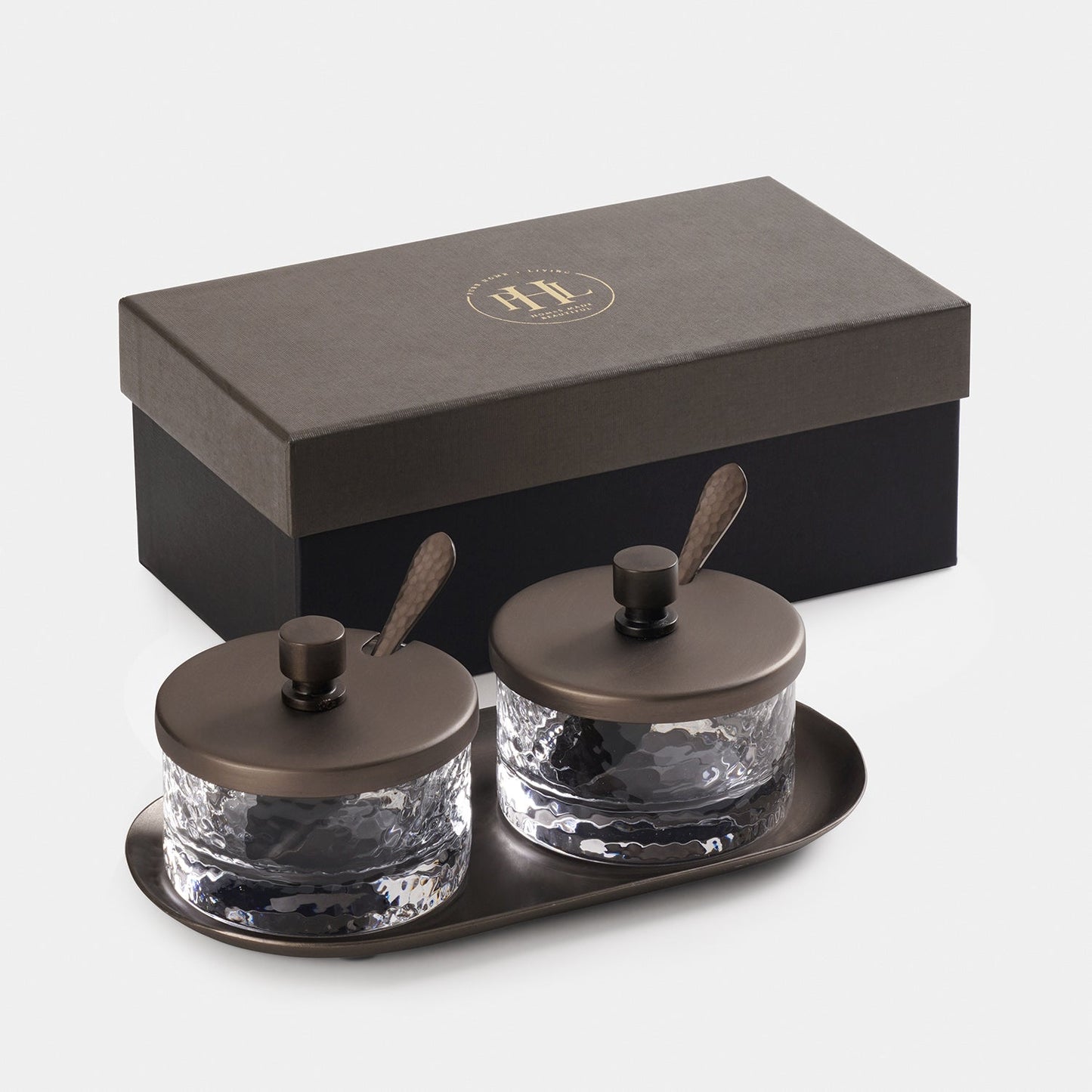 Set of 2 Clear Hammered Condiment Jars with Spoons & Tray - Medium