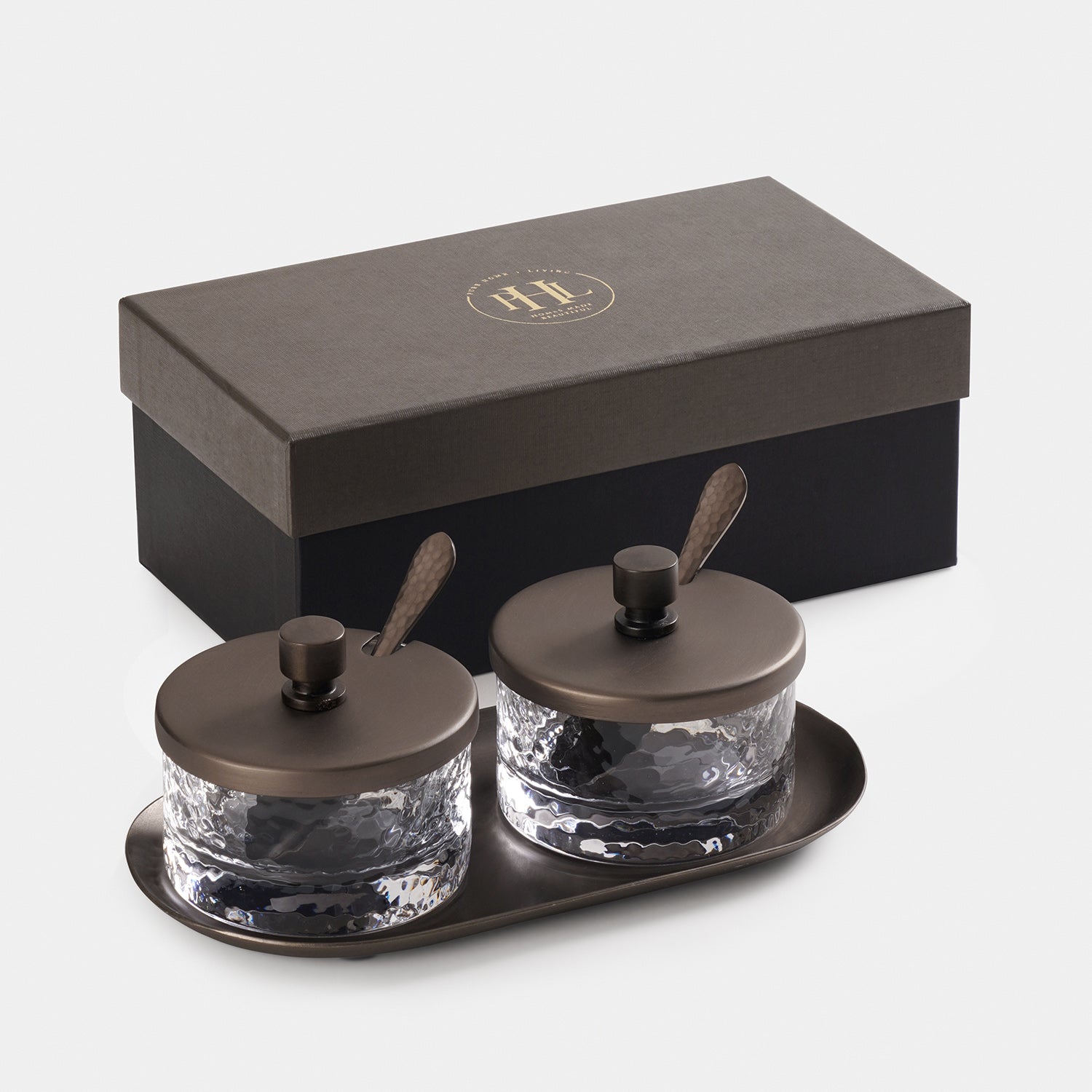 Set of 2 Clear Hammered Condiment Jars with Spoons & Tray - Medium