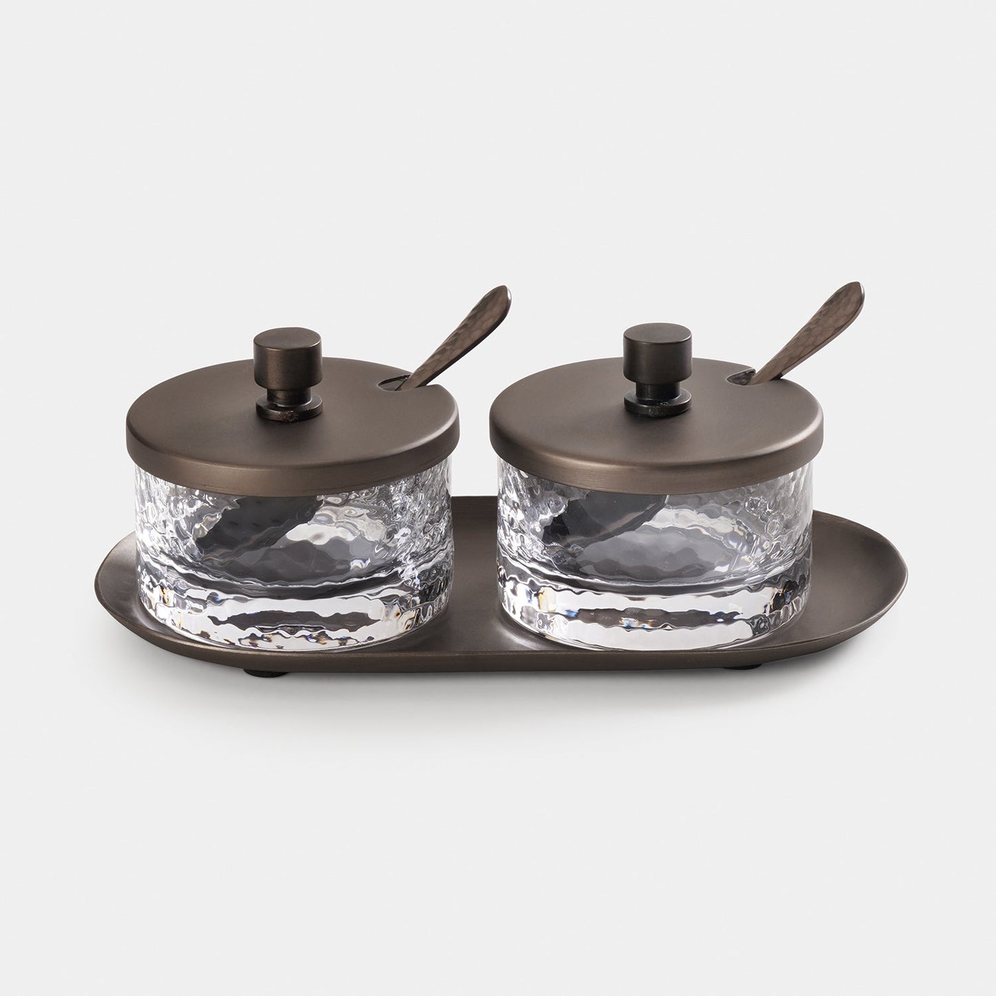 Set of 2 Clear Hammered Condiment Jars with Spoons & Tray - Medium