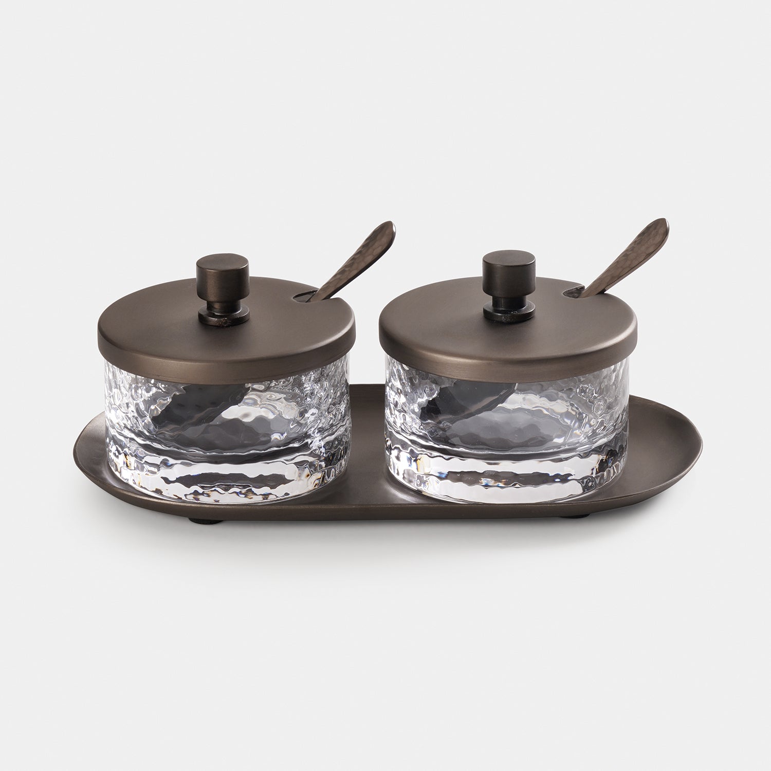 Set of 2 Clear Hammered Condiment Jars with Spoons & Tray - Medium
