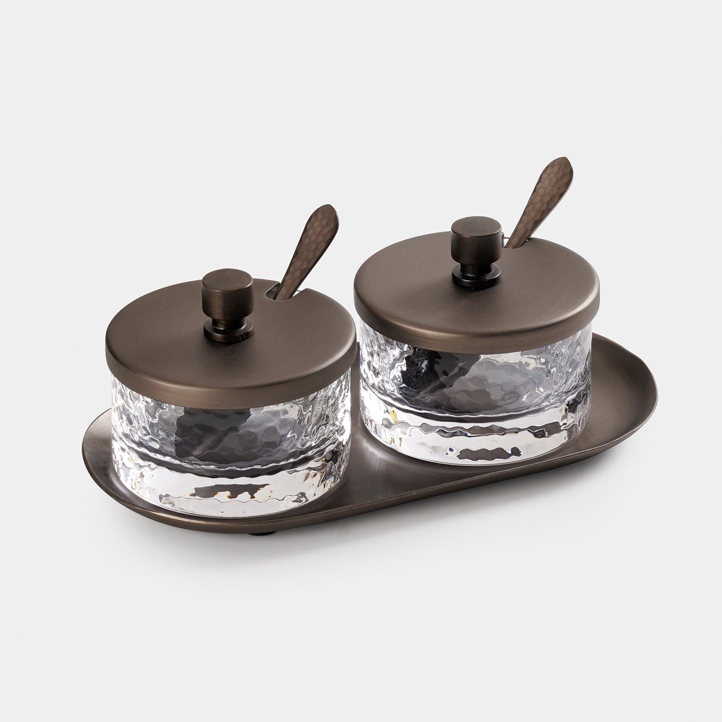 Set of 2 Clear Hammered Condiment Jars with Spoons & Tray - Medium