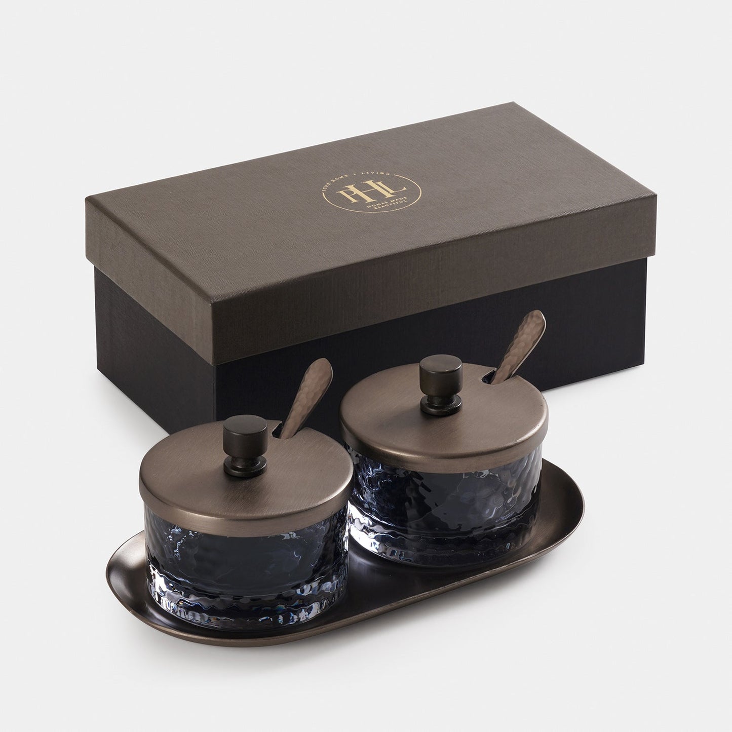Set of 2 Grey Hammered Condiment Jars with Spoons & Tray - Medium