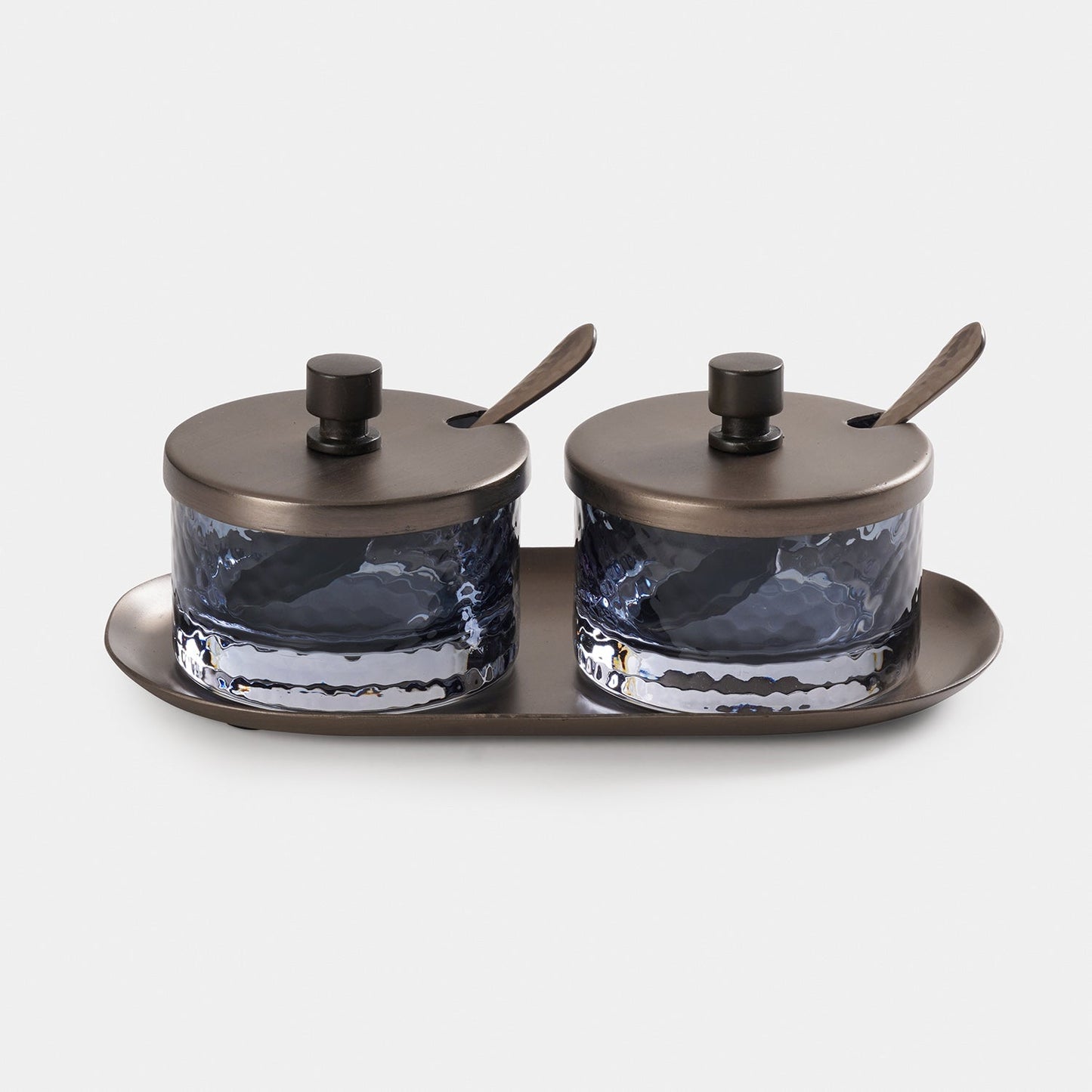 Set of 2 Grey Hammered Condiment Jars with Spoons & Tray - Medium