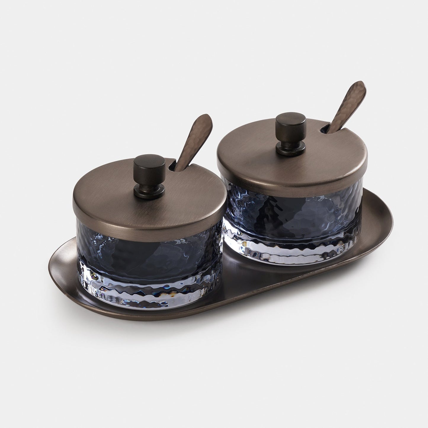 Set of 2 Grey Hammered Condiment Jars with Spoons & Tray - Medium