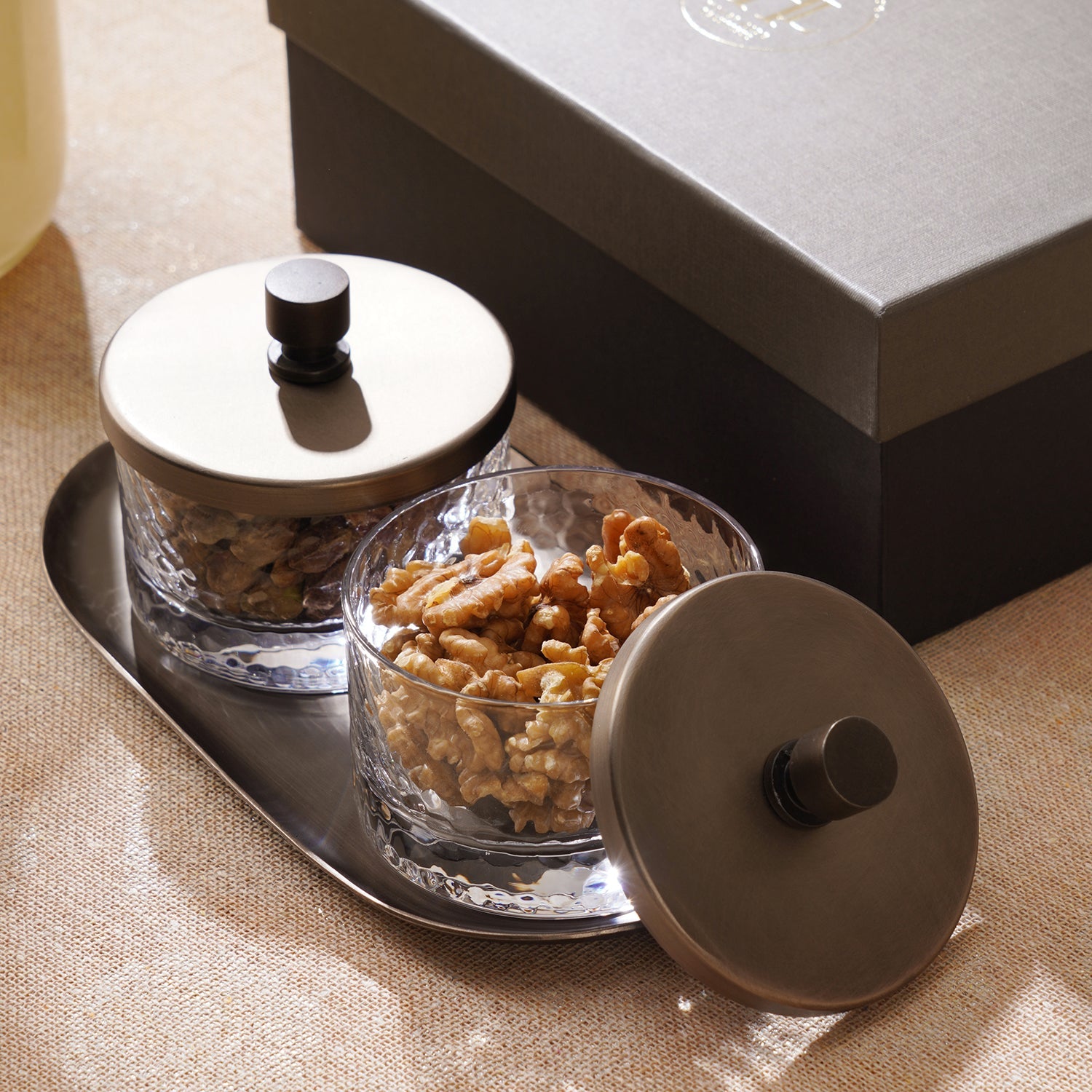 Set of 2 Clear Hammered Condiment Jars with Tray - Medium