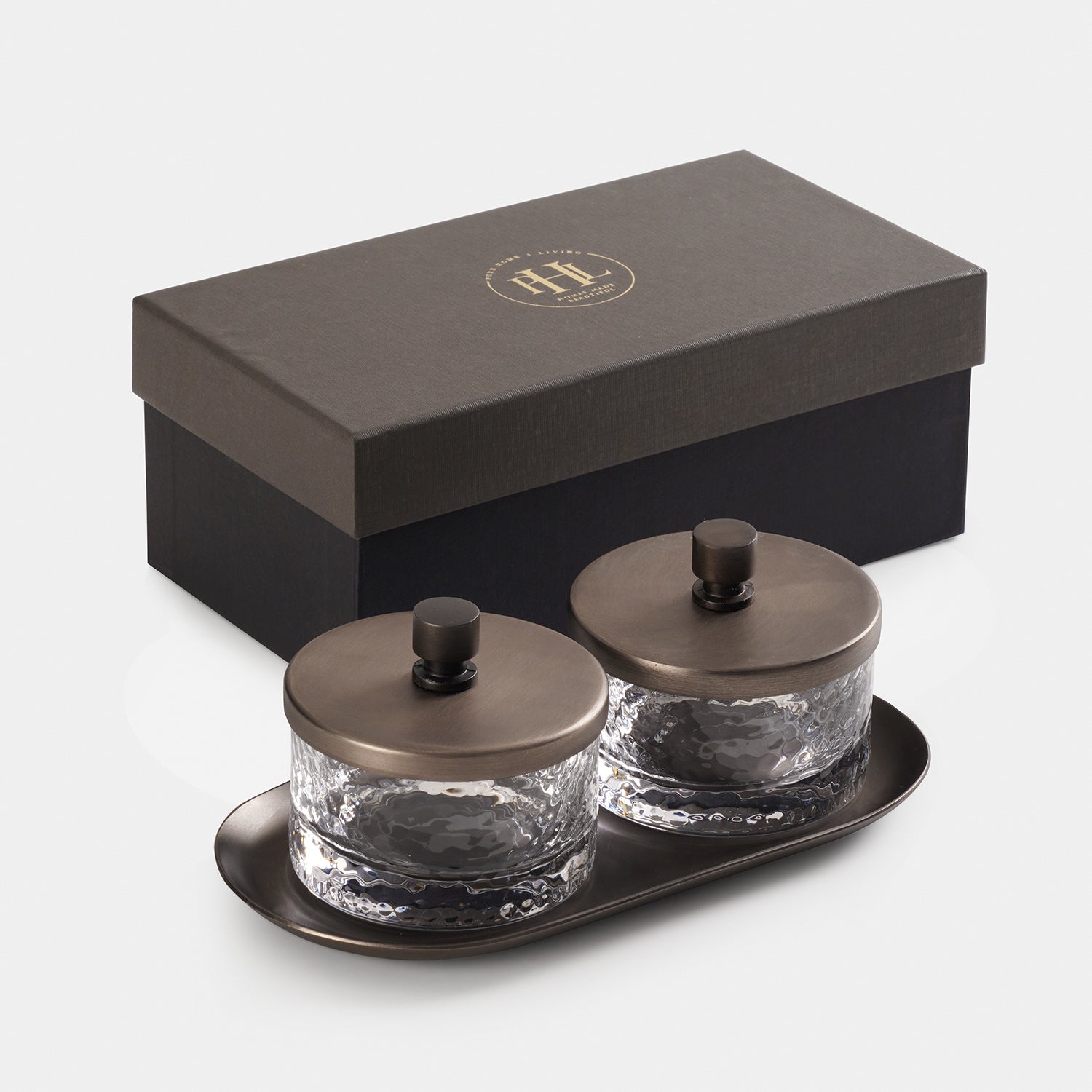 Set of 2 Clear Hammered Condiment Jars with Tray - Medium
