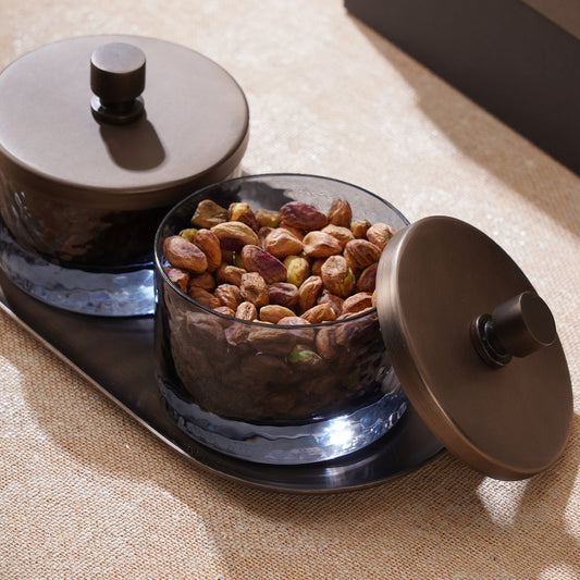 Set of 2 Grey Hammered Condiment Jars with Tray - Medium