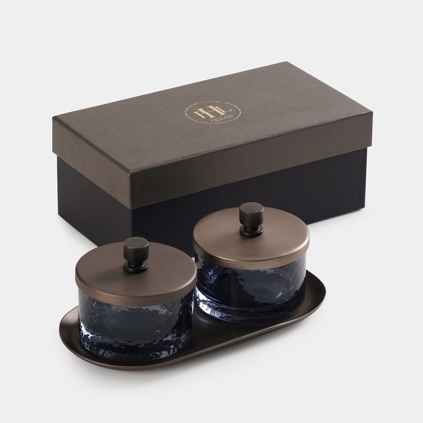 Set of 2 Grey Hammered Condiment Jars with Tray - Medium