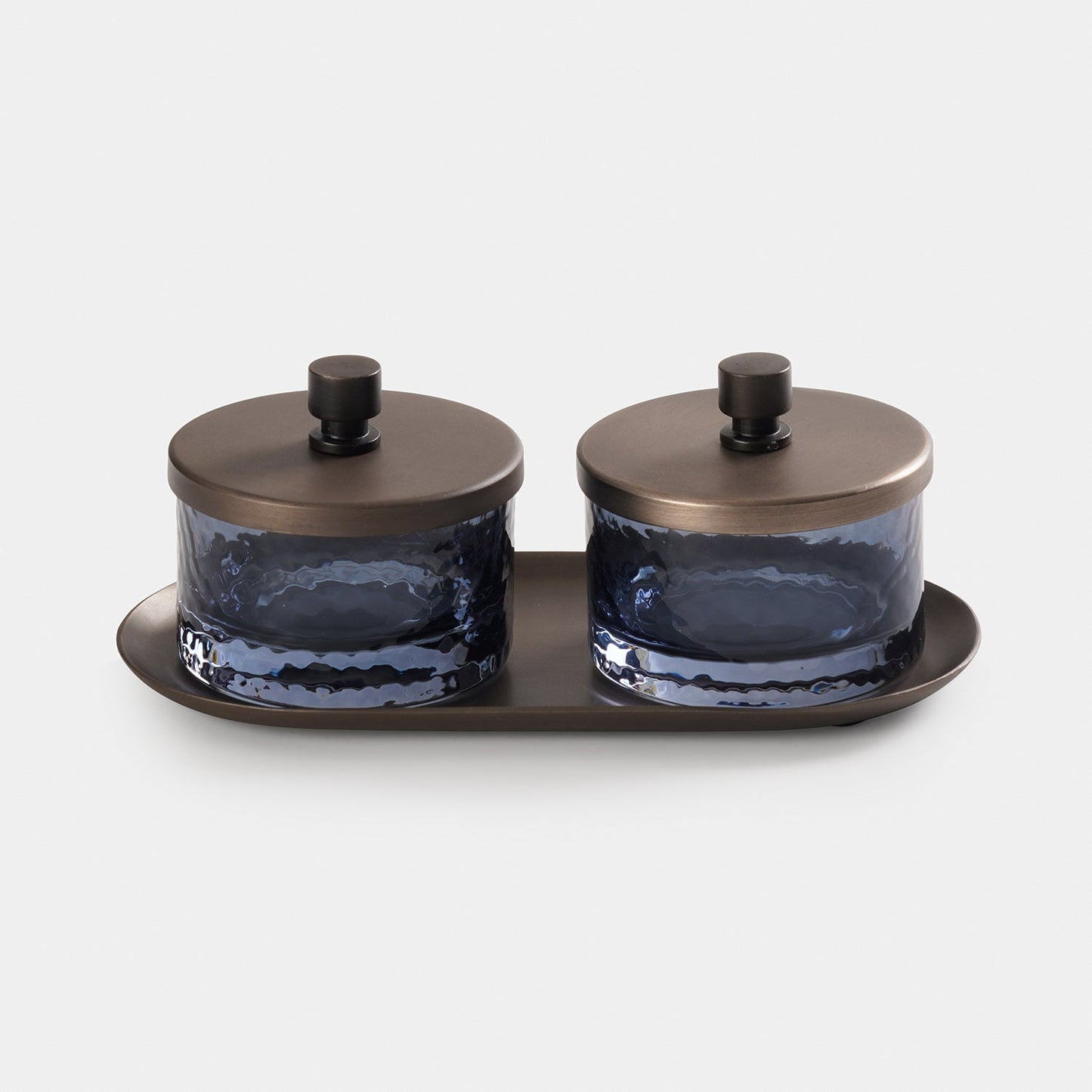 Set of 2 Grey Hammered Condiment Jars with Tray - Medium