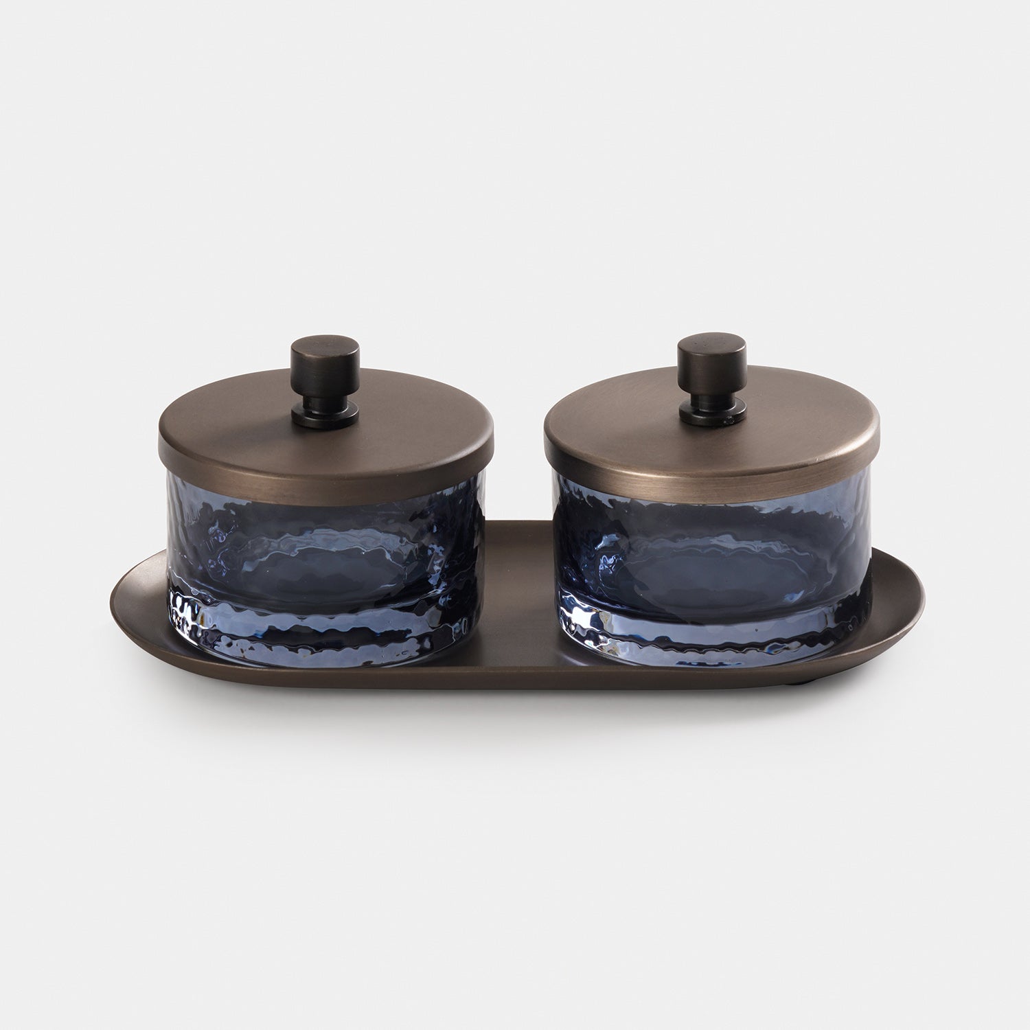 Set of 2 Grey Hammered Condiment Jars with Tray - Medium