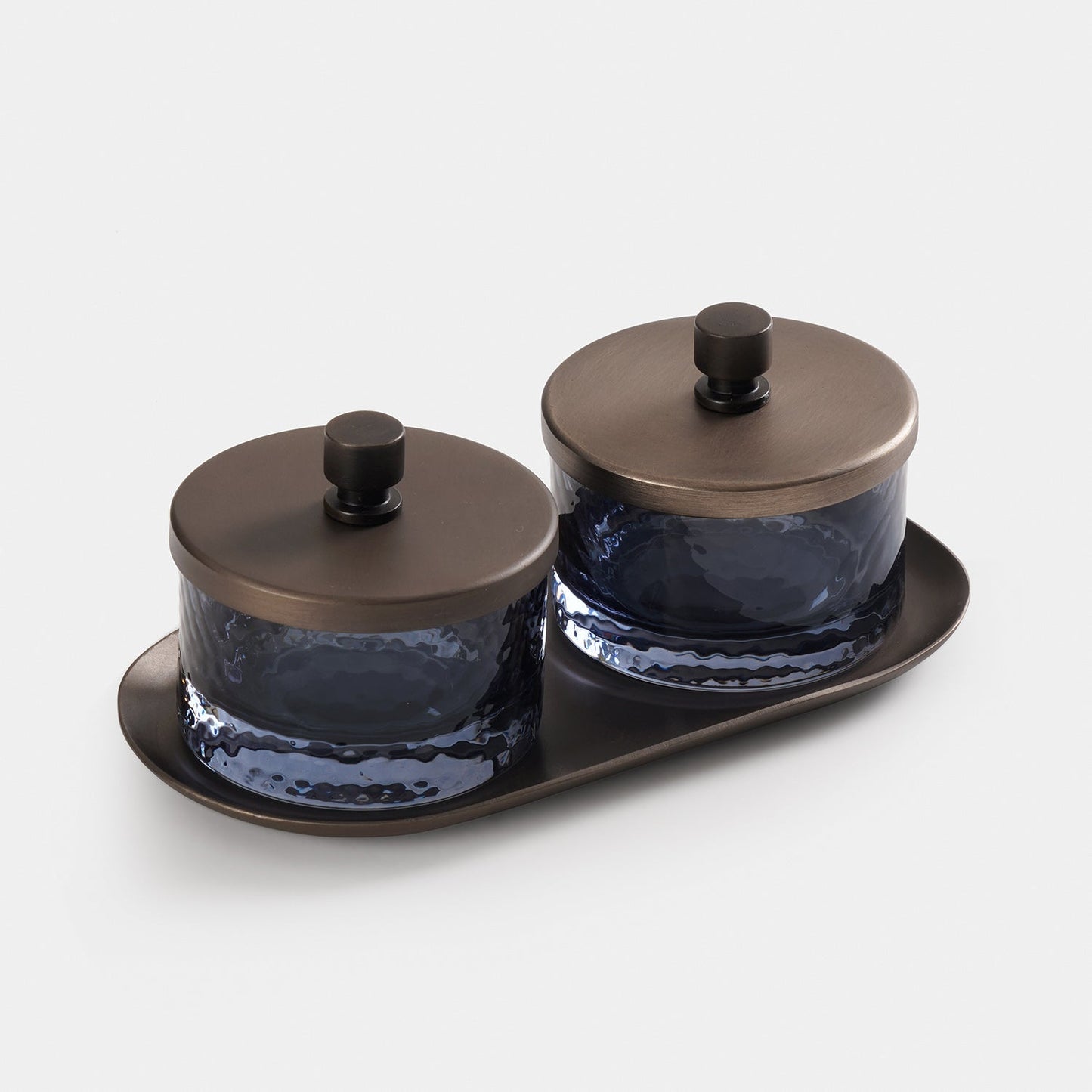 Set of 2 Grey Hammered Condiment Jars with Tray - Medium