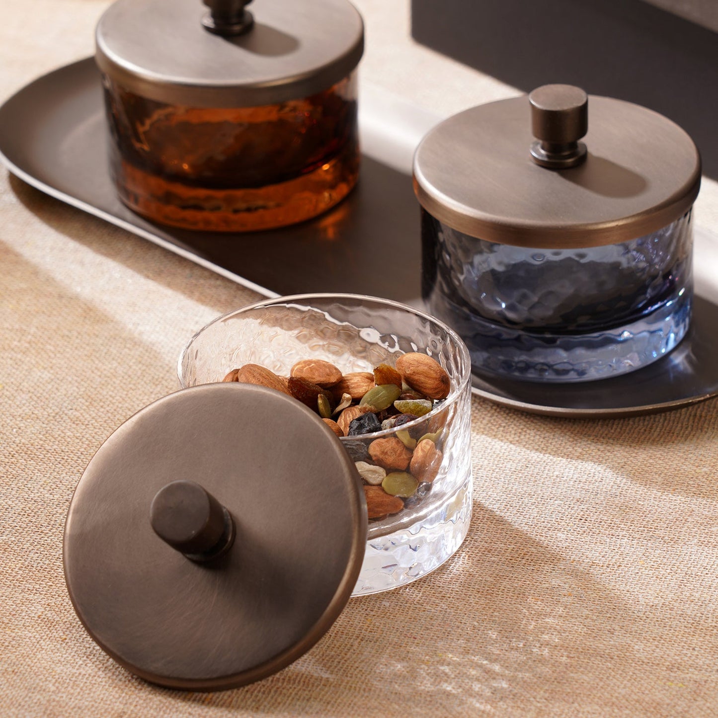 Set of 3 Amber, Grey & Clear Hammered Condiment Jars - Medium