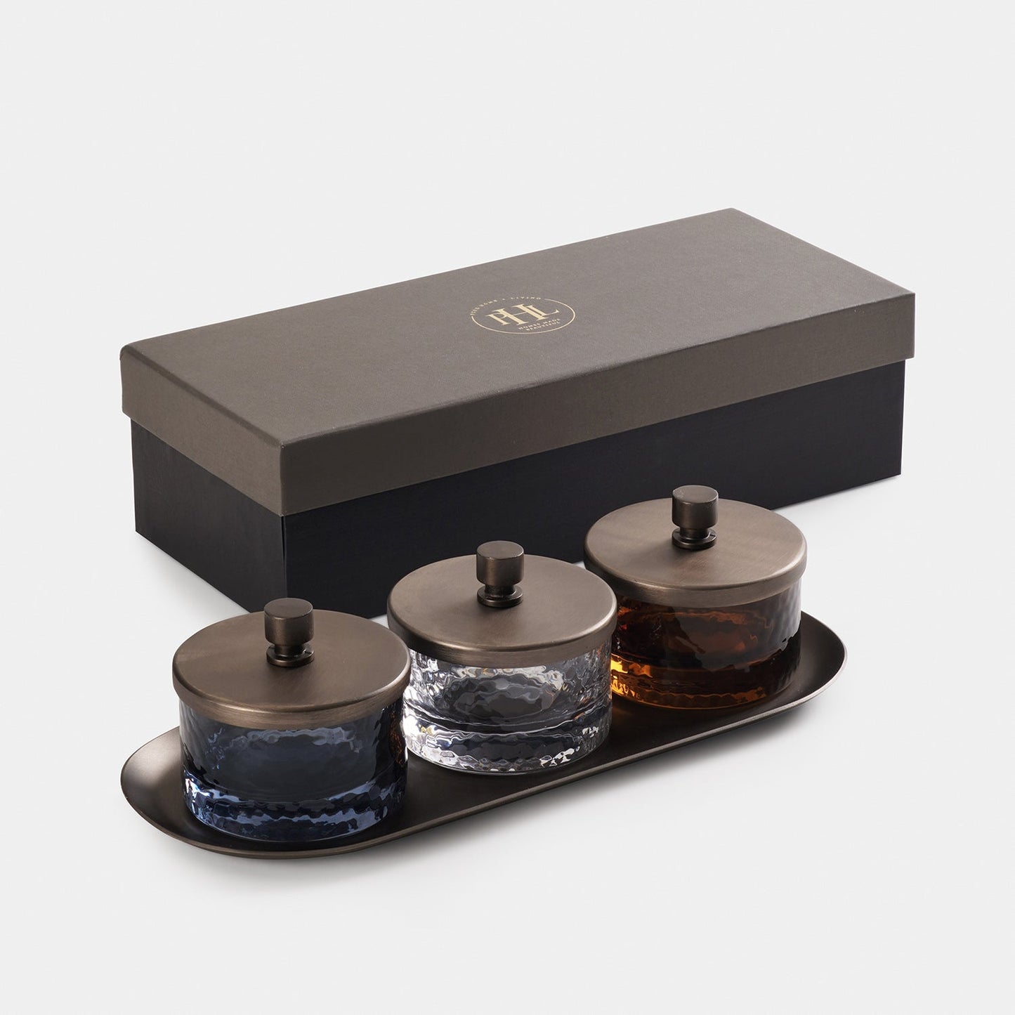 Set of 3 Amber, Grey & Clear Hammered Condiment Jars - Medium