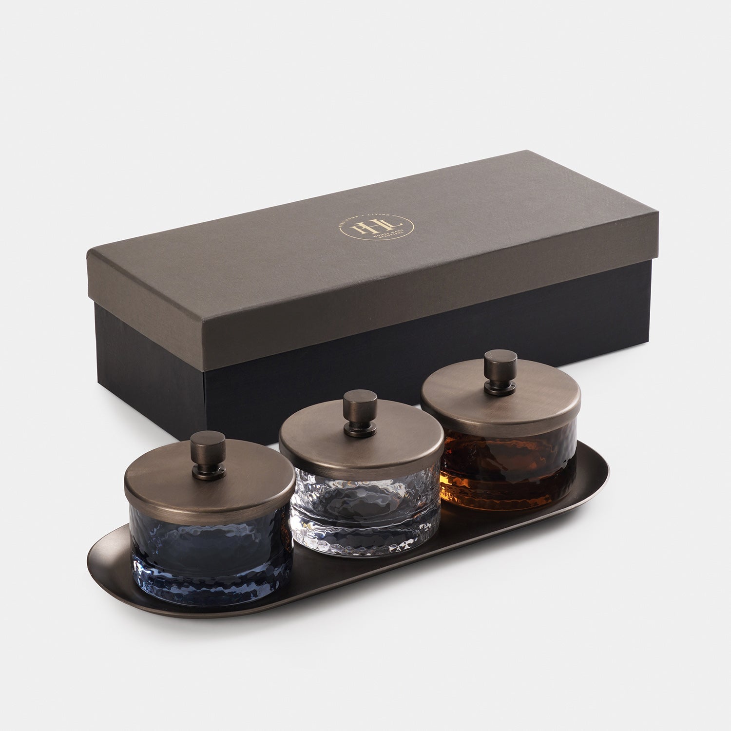 Set of 3 Amber, Grey & Clear Hammered Condiment Jars - Medium