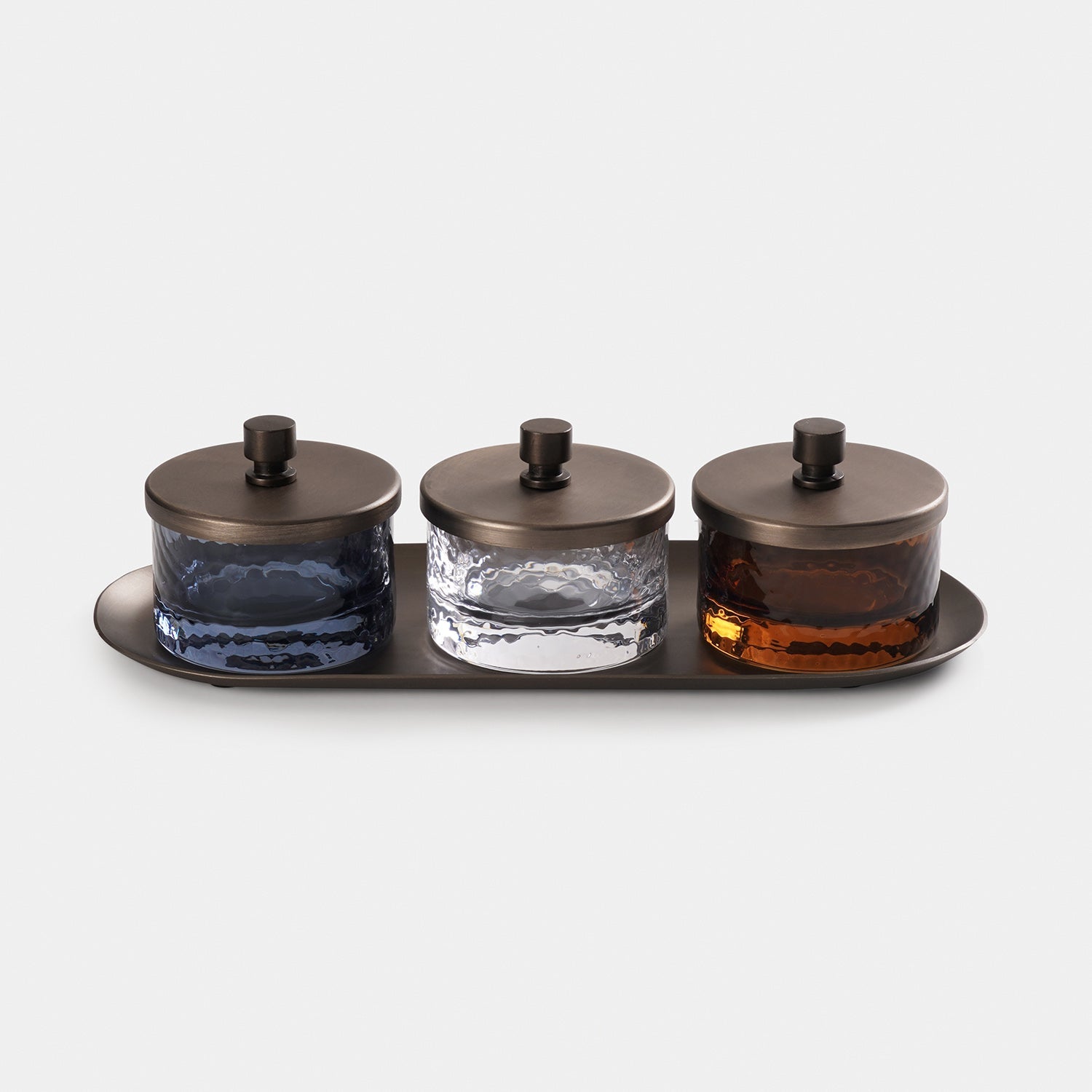 Set of 3 Amber, Grey & Clear Hammered Condiment Jars - Medium