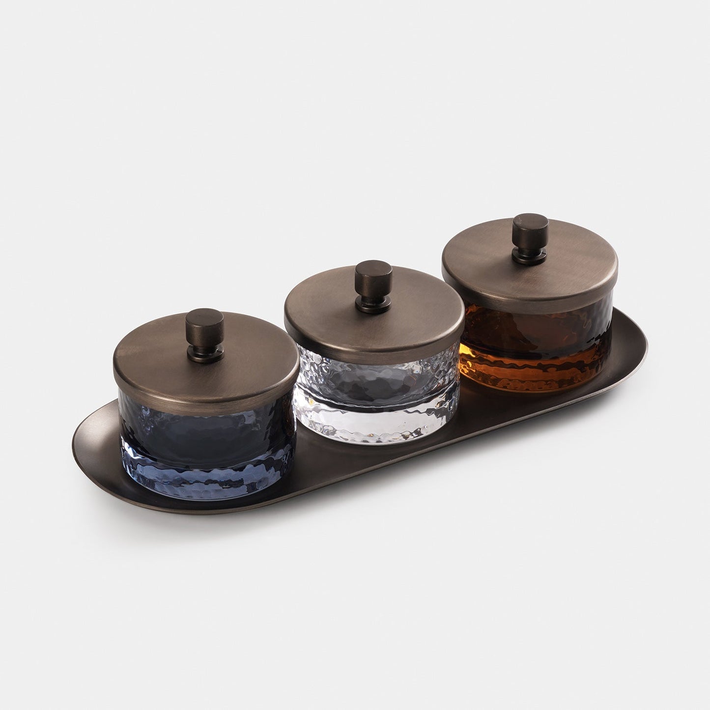 Set of 3 Amber, Grey & Clear Hammered Condiment Jars - Medium