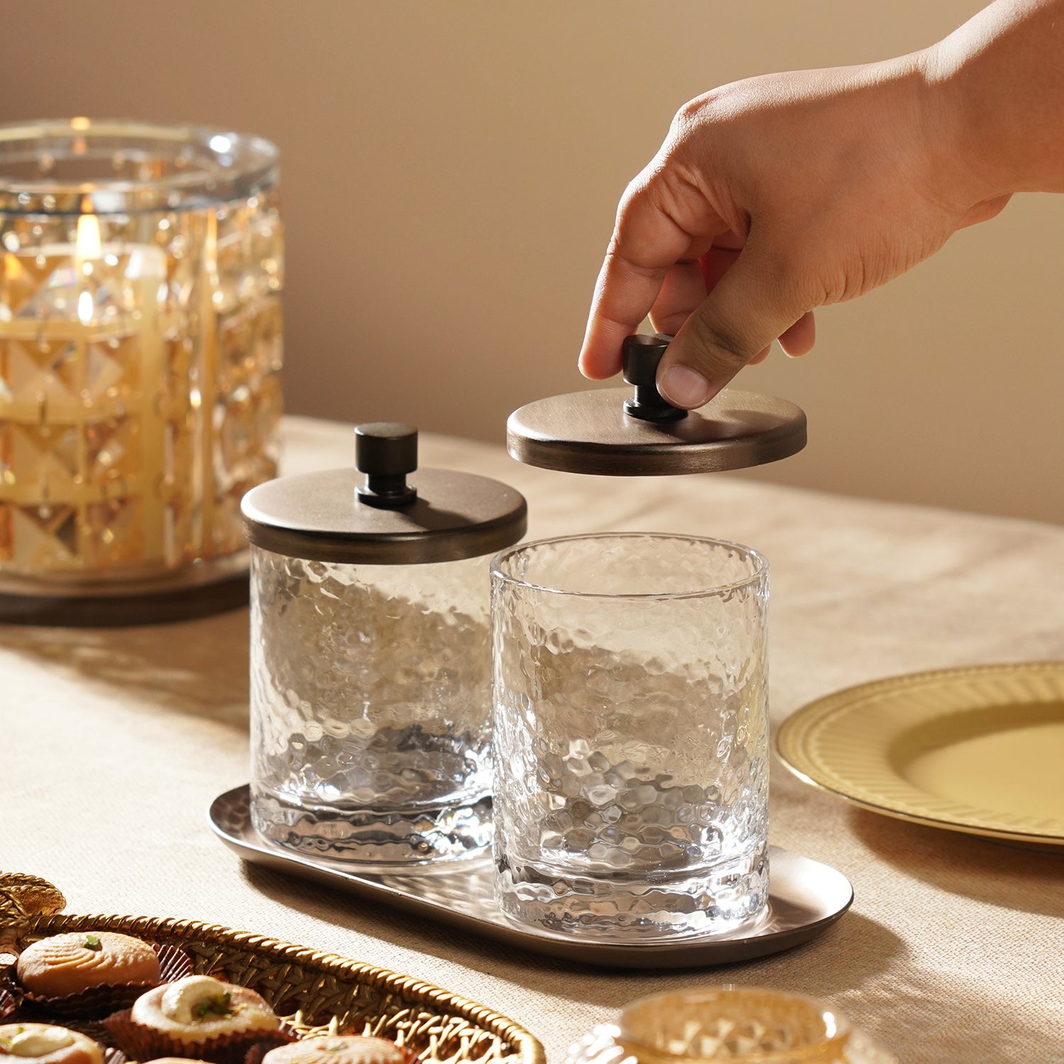 Set of 2 Clear Hammered Condiment Jars with Tray - Large