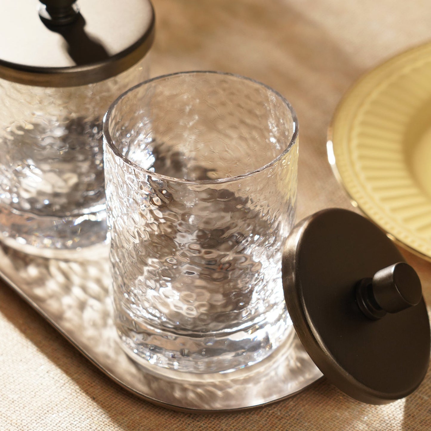 Set of 2 Clear Hammered Condiment Jars with Tray - Large