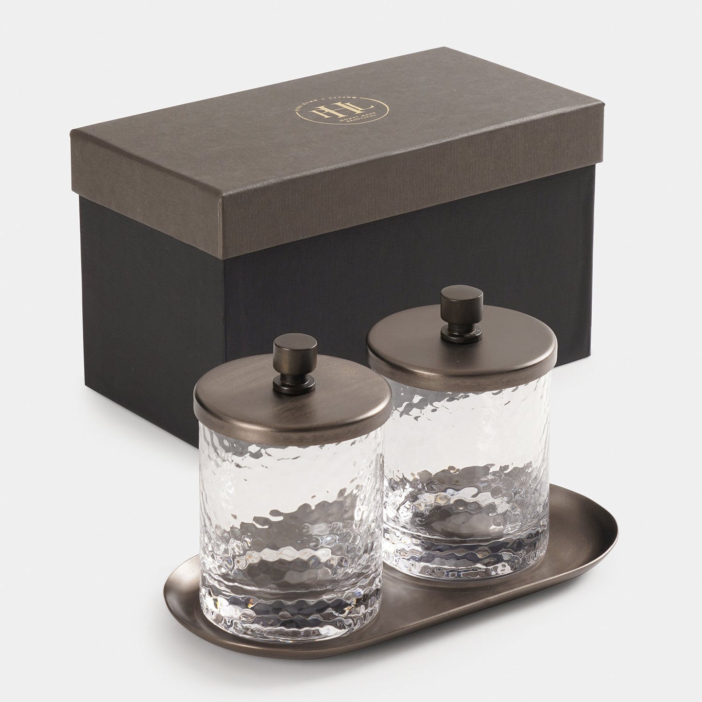 Set of 2 Clear Hammered Condiment Jars with Tray - Large