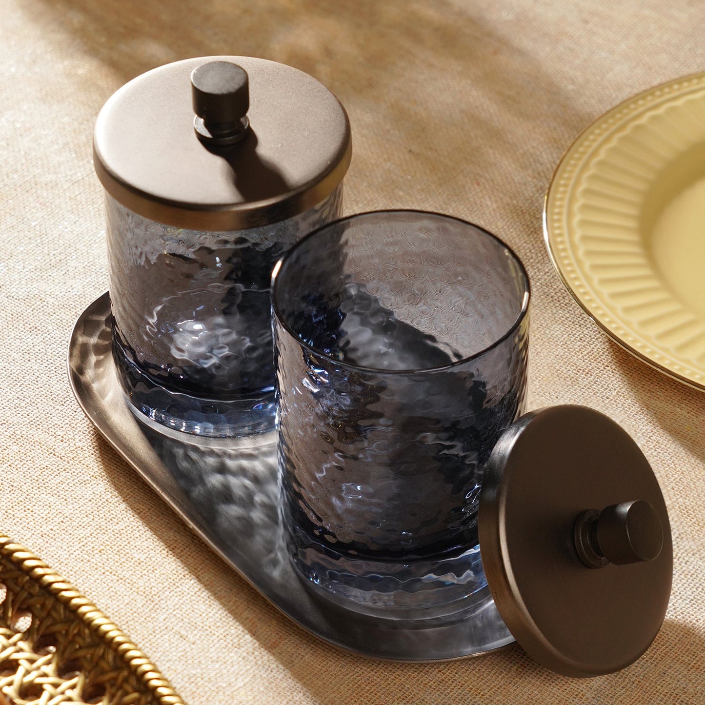 Set of 2 Grey Hammered Condiment Jars with Tray - Large