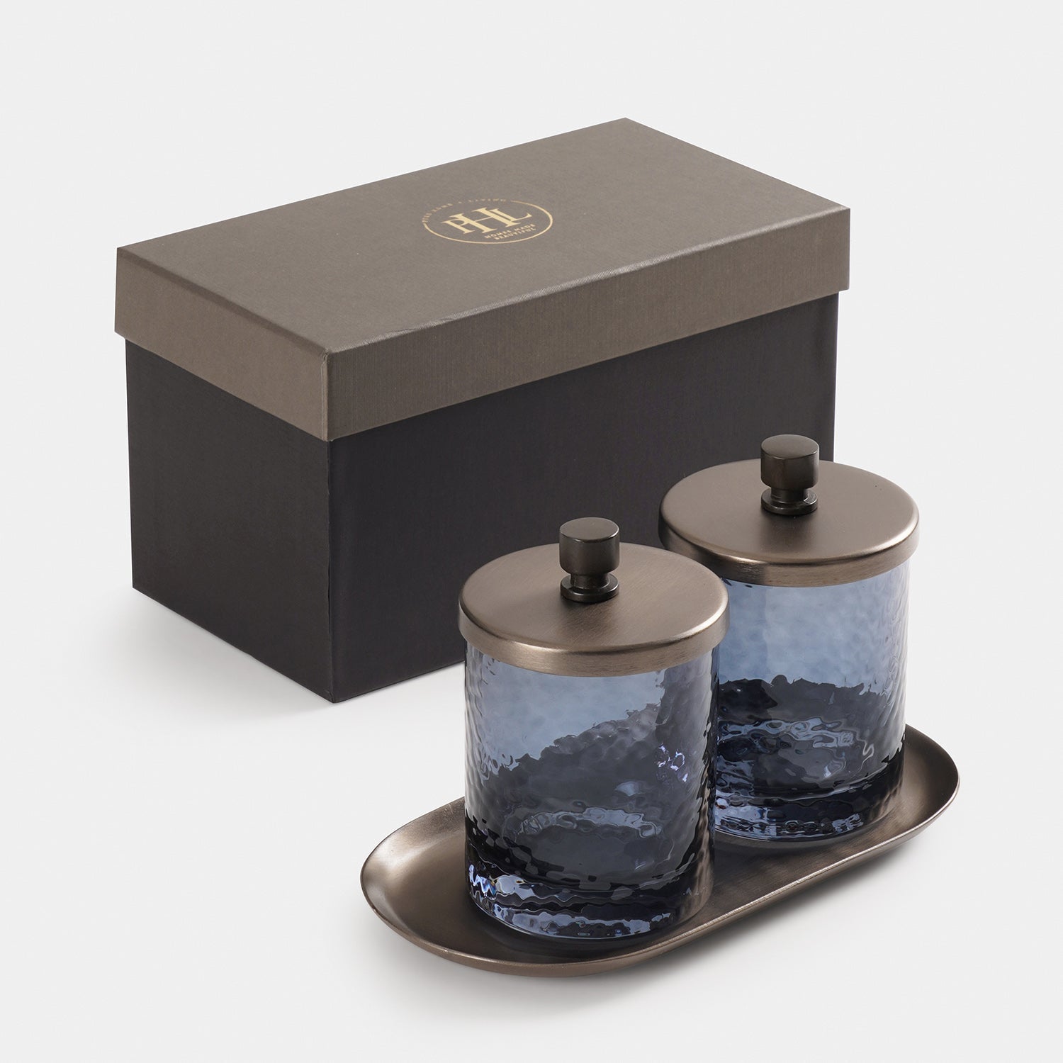 Set of 2 Grey Hammered Condiment Jars with Tray - Large